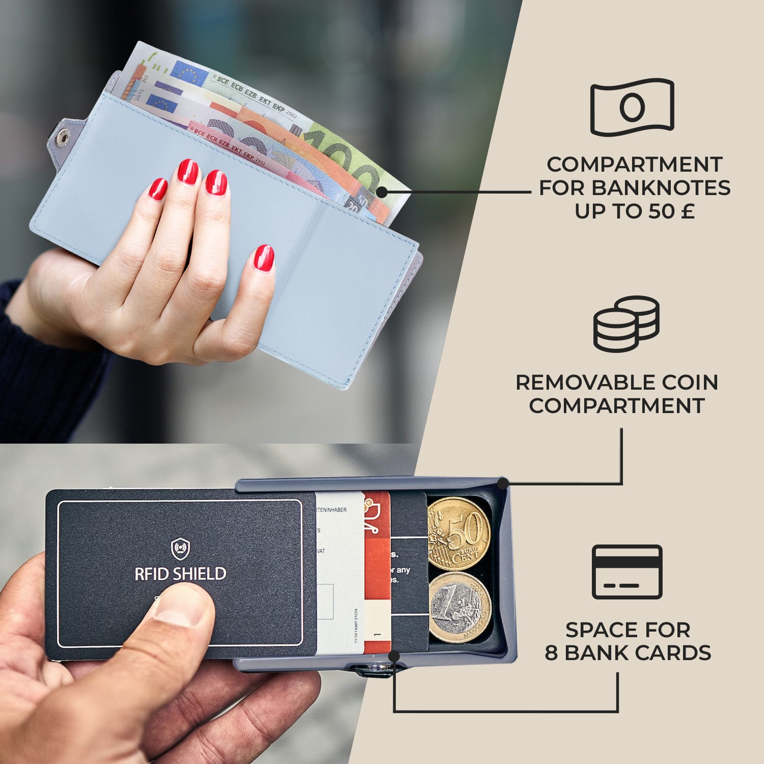 Slimpuro ZNAP Slim Wallet, 8 kariet, priehradka na mince, 8,9 x 1,5 x 6,3 cm (Š x V x H), ochrana RFID