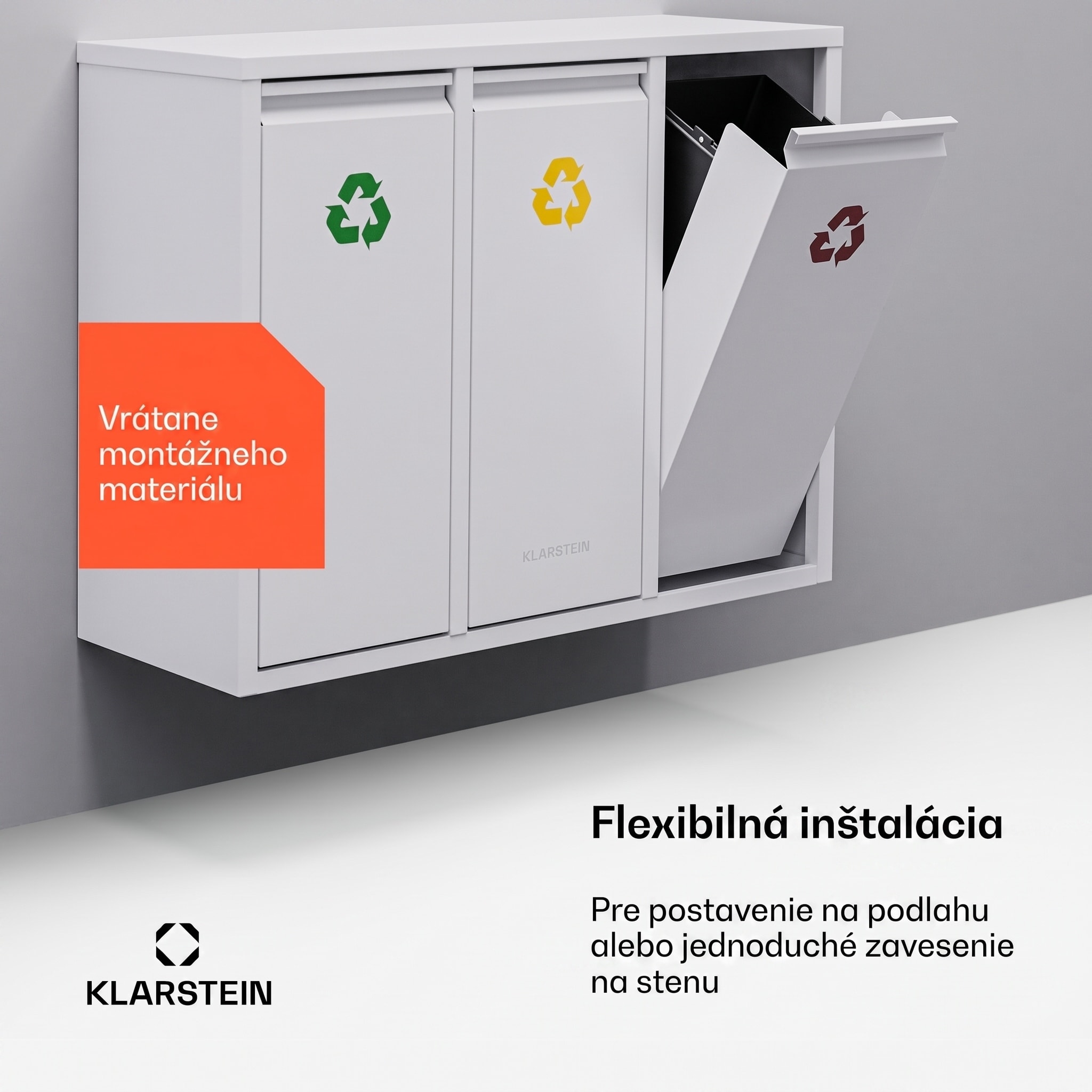 Klarstein Ordnungshüter 3 odpadkové koše 45 litrov 3 nádoby recyklácia nástenná montáž – Obrázok 3