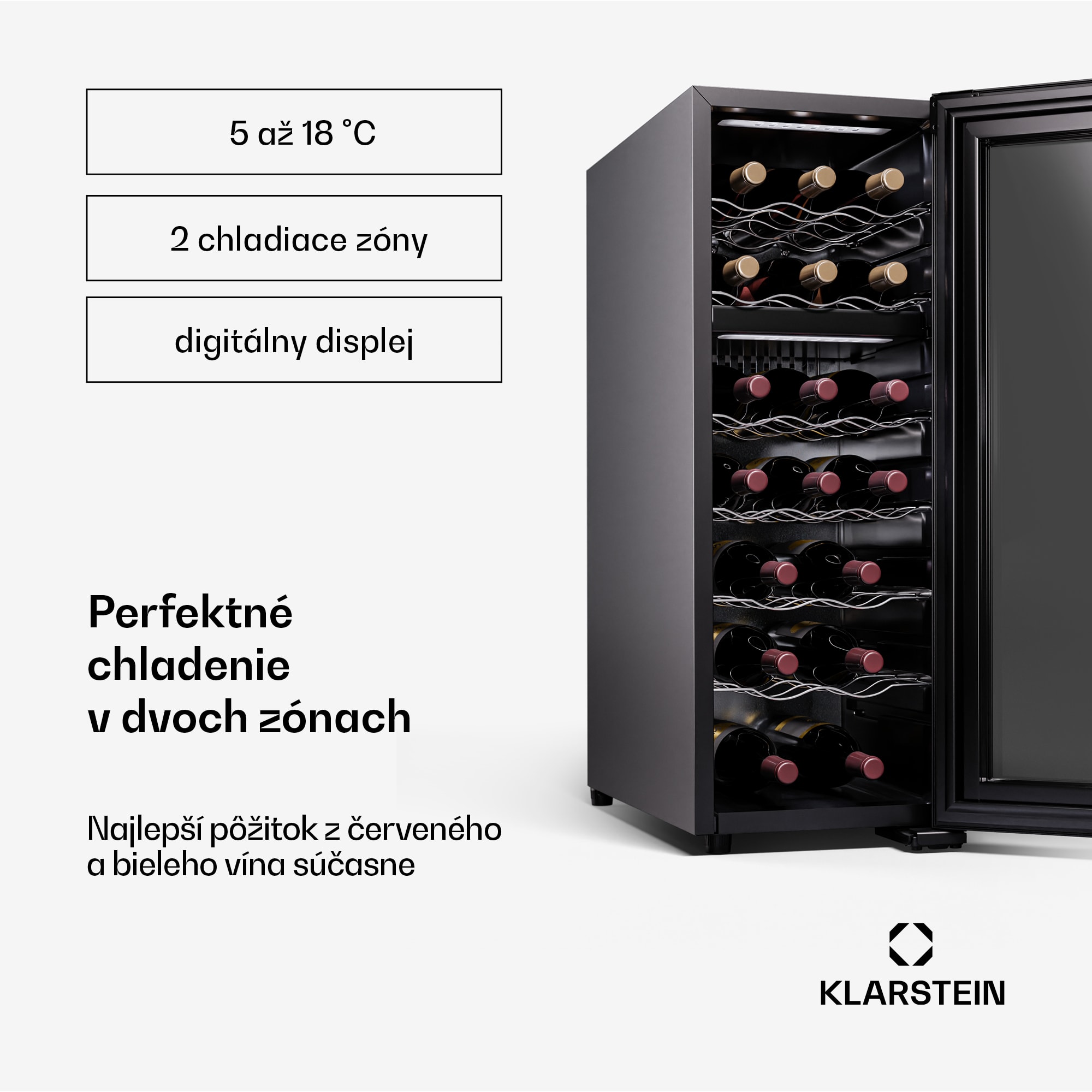 Klarstein Shiraz 18 Duo, chladnička na víno, 2 zóny, 53 l/18 fliaš, 5-18 / 5-18 °C, dotykové ovládanie – Obrázok 2