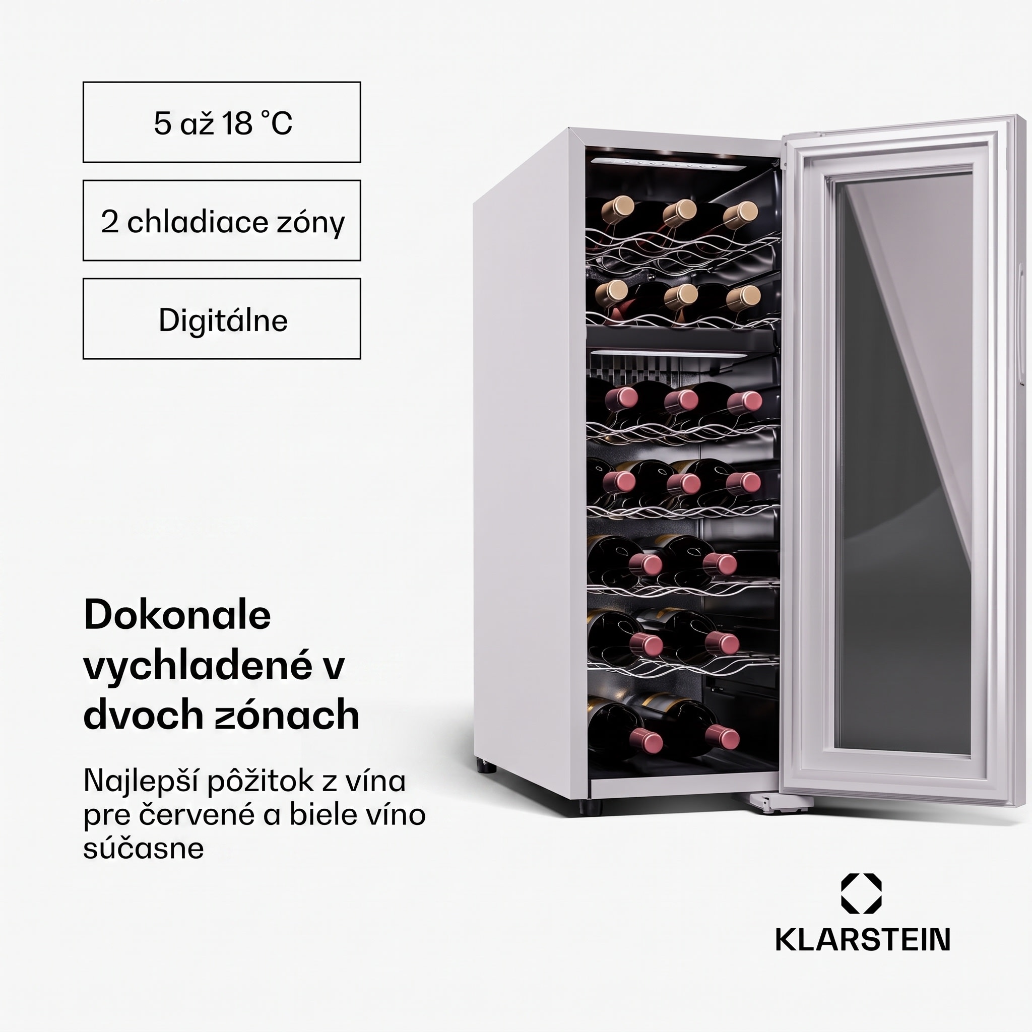 Klarstein Shiraz 18 Duo, chladnička na víno, 2 zóny, 53 l/18 fliaš, 5-18 / 5-18 °C, dotykové ovládanie – Obrázok 2