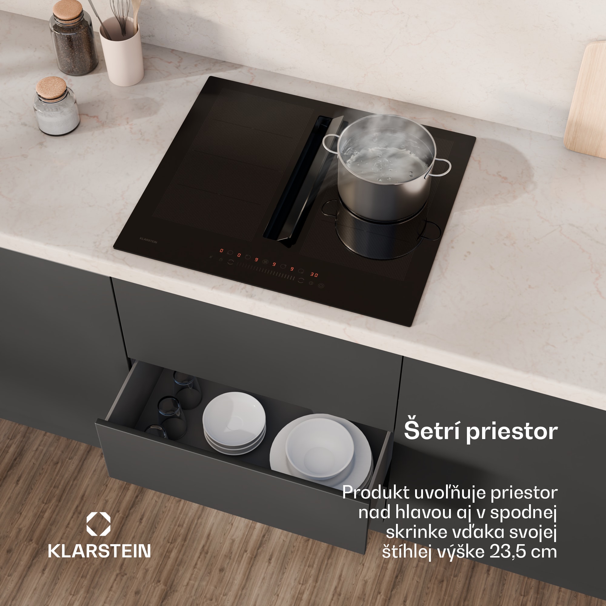 Klarstein Chef-Fusion Down Air System indukčná varná doska + odsávač pár 60 cm 598 m³/h EEC A – Obrázok 4