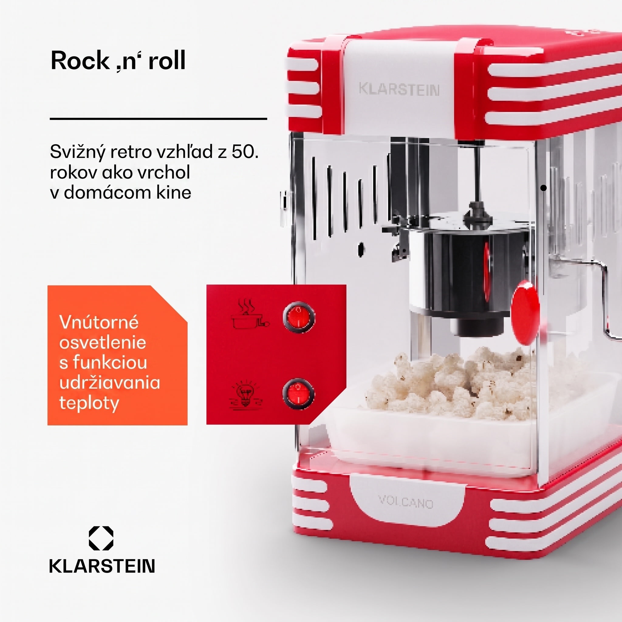 Klarstein Volcano, popkornovač, 300 W, 60 g/4 min, hrniec z nehrdzavejúcej ocele, retro dizajn – Obrázok 2