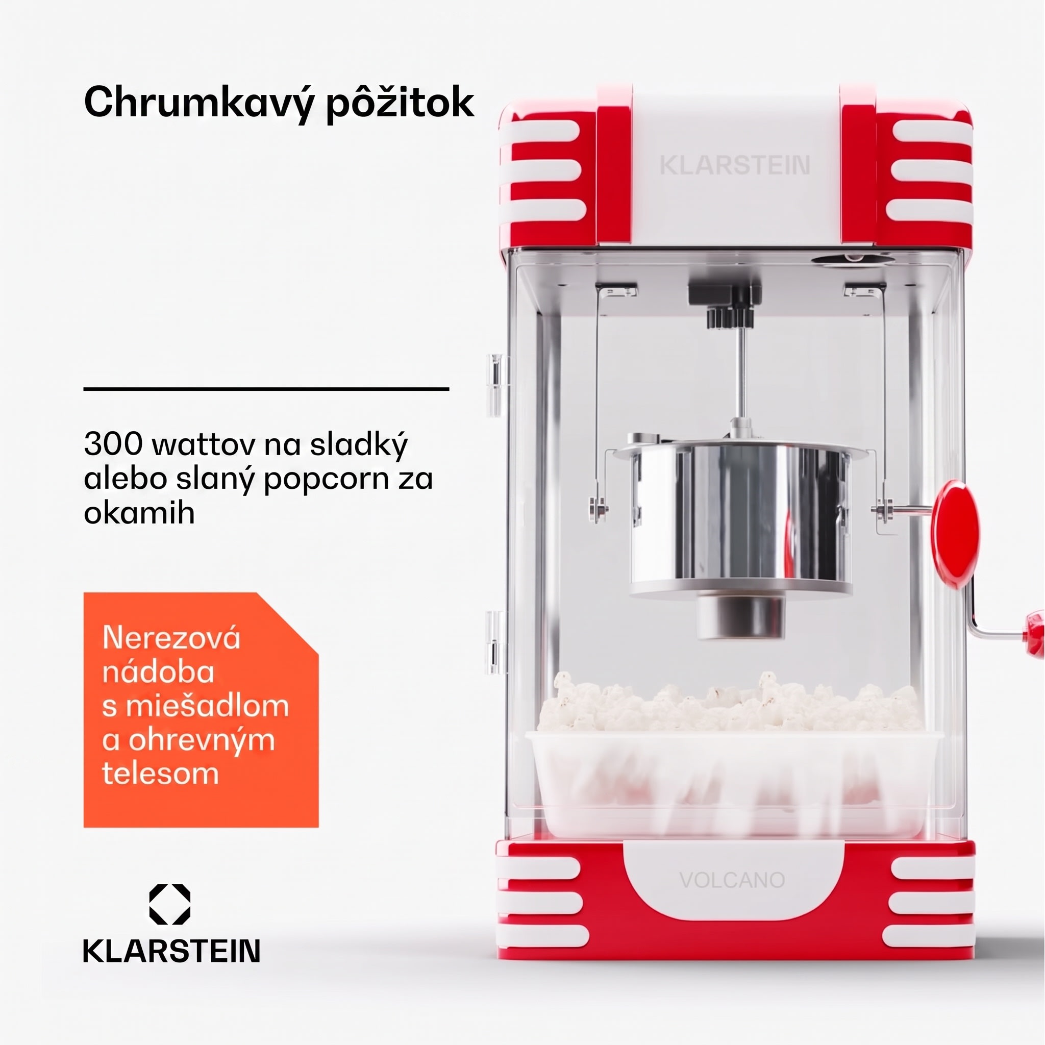 Klarstein Volcano, popkornovač, 300 W, 60 g/4 min, hrniec z nehrdzavejúcej ocele, retro dizajn – Obrázok 4