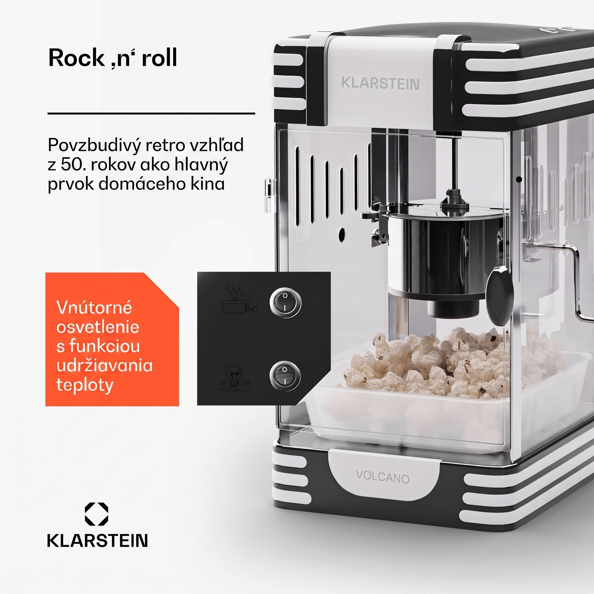 Klarstein Volcano, popkornovač, 300 W, 60 g/4 min, hrniec z nehrdzavejúcej ocele, retro dizajn – Obrázok 2