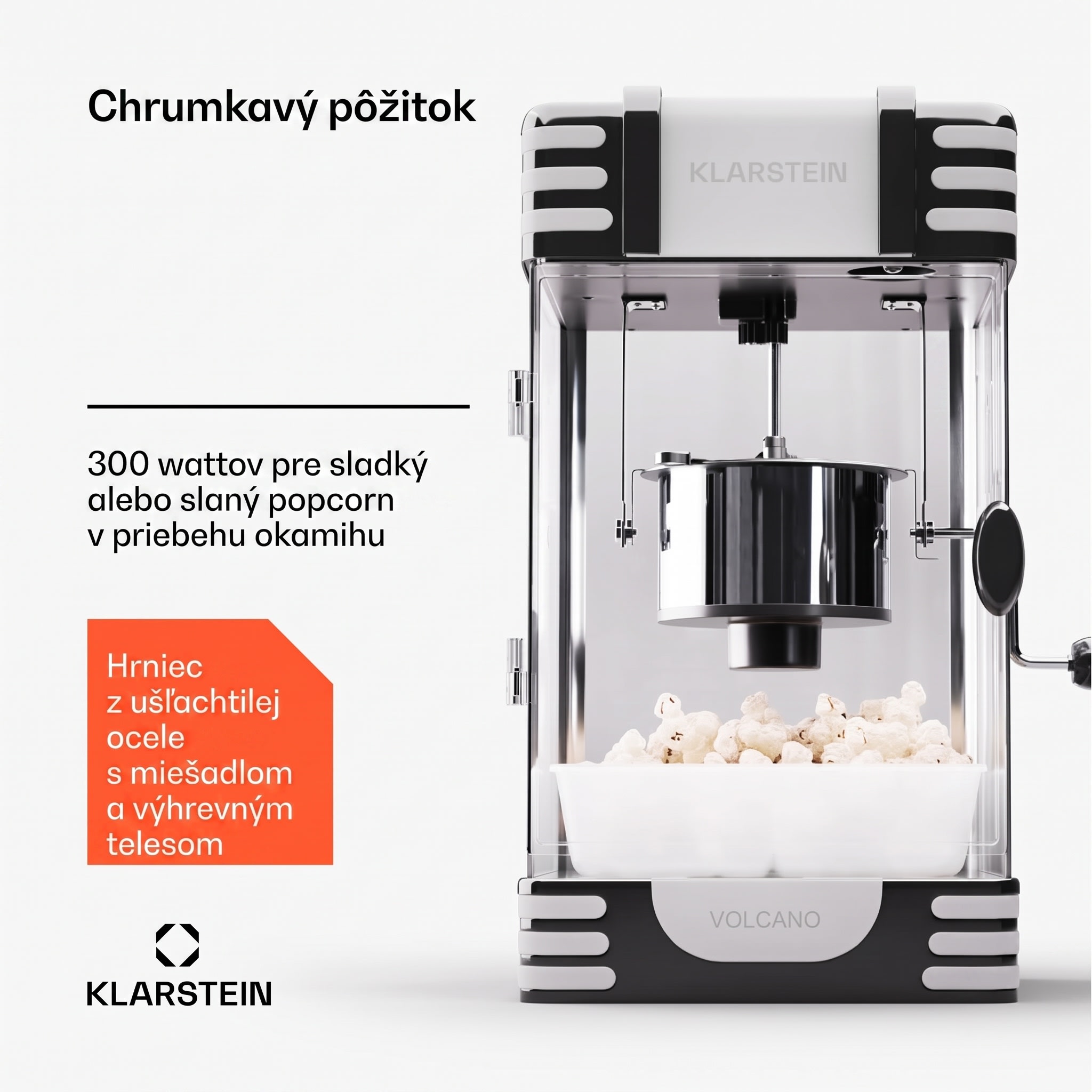 Klarstein Volcano, popkornovač, 300 W, 60 g/4 min, hrniec z nehrdzavejúcej ocele, retro dizajn – Obrázok 4