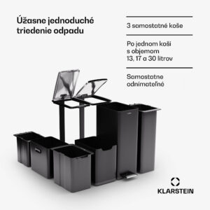 Klarstein Tiyo 3v1 odpadkový kôš 60 l s vyberateľným vedrom a tichým zatváraním