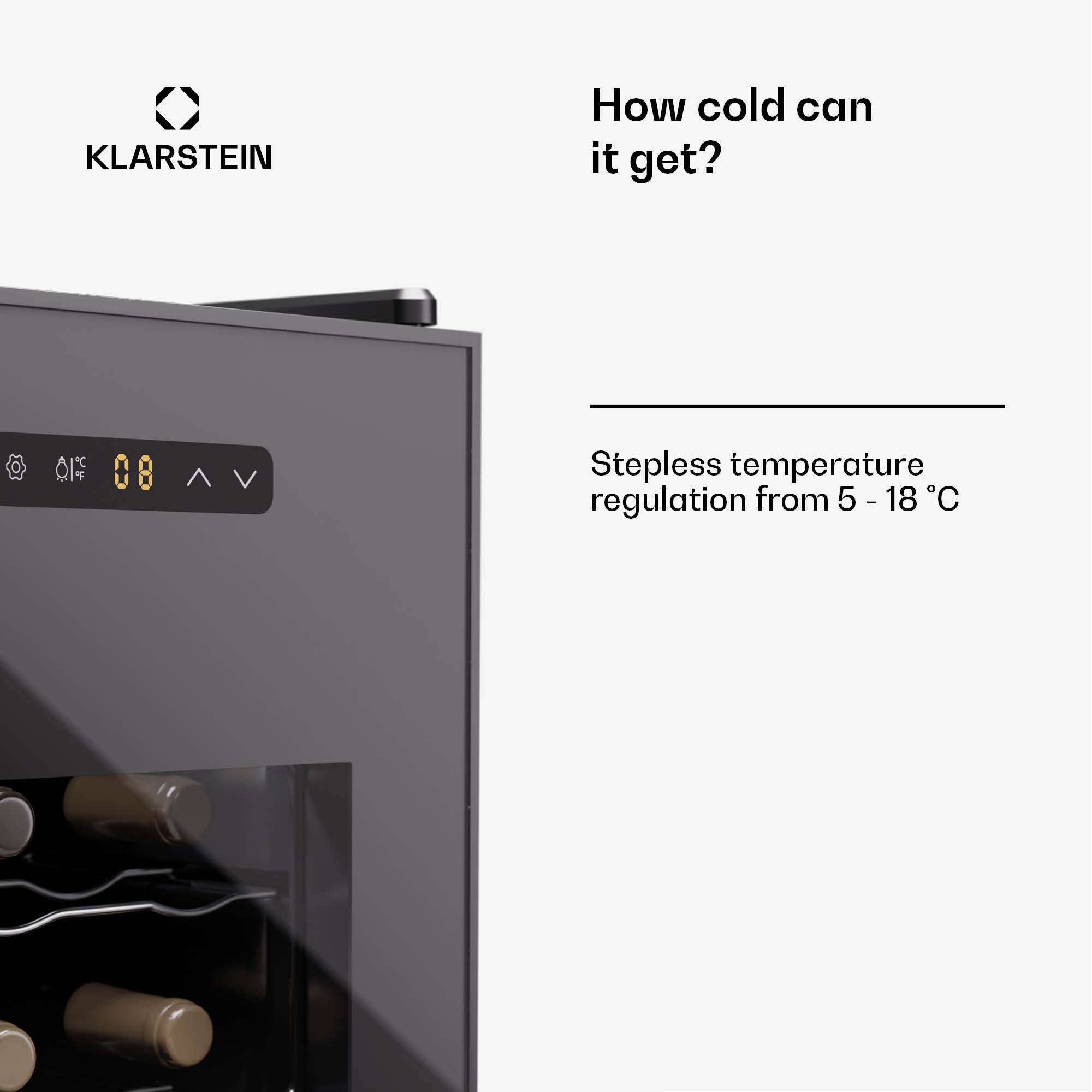Klarstein Silent Vino 18 Uno, chladnička na víno, 46 l / 18 fliaš, 5-18 °C, dotykové – Obrázok 2