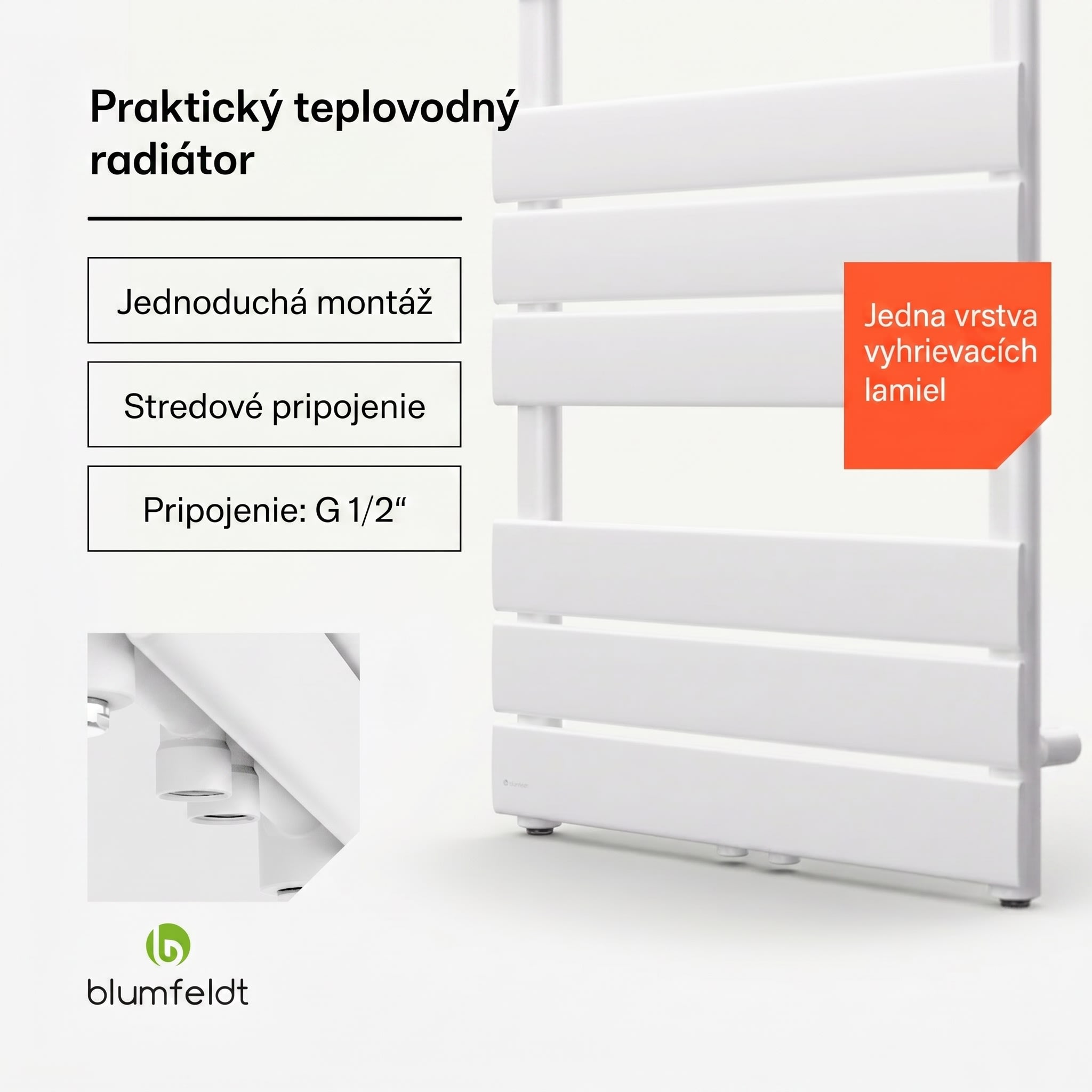 Blumfeldt Fairmont 50 x 107 radiátor 509 W teplá voda 4 držiaky na uteráky 1/2" – Obrázok 2