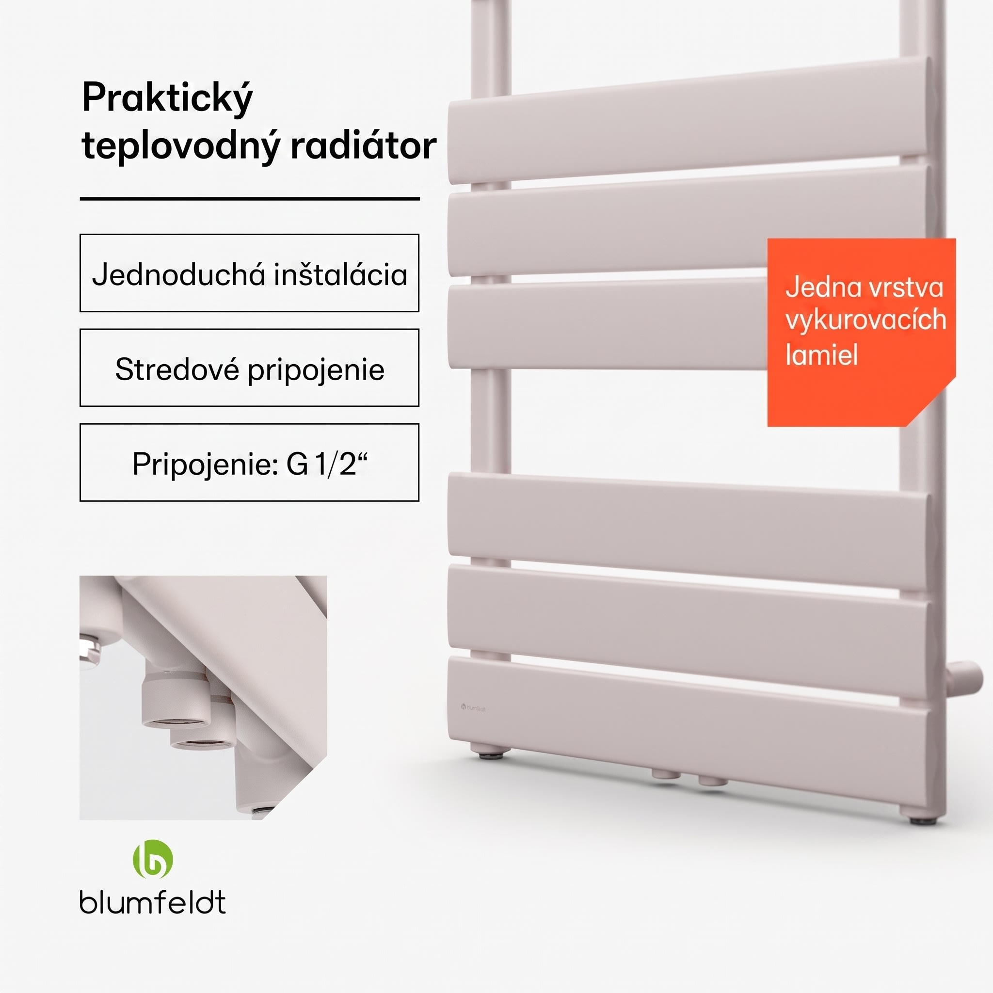 Blumfeldt Fairmont 50 x 107 radiátor 509 W teplá voda 4 držiaky na uteráky 1/2" – Obrázok 2