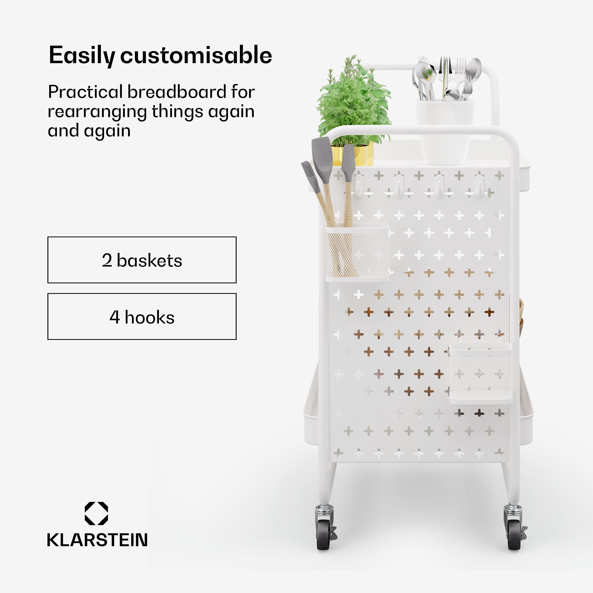 Klarstein Chibi servírovací vozík, 2 poschodia, kovové koše, háky, mobilný – Obrázok 2