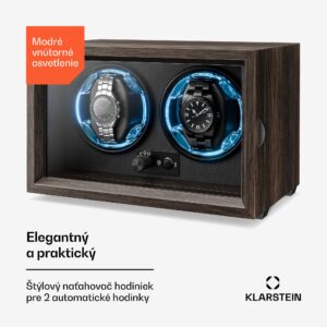 Klarstein Brienz 2, naťahovač hodiniek, 2 hodinky, 4 režimy, drevený vzhľad, modré vnútorné osvetlenie