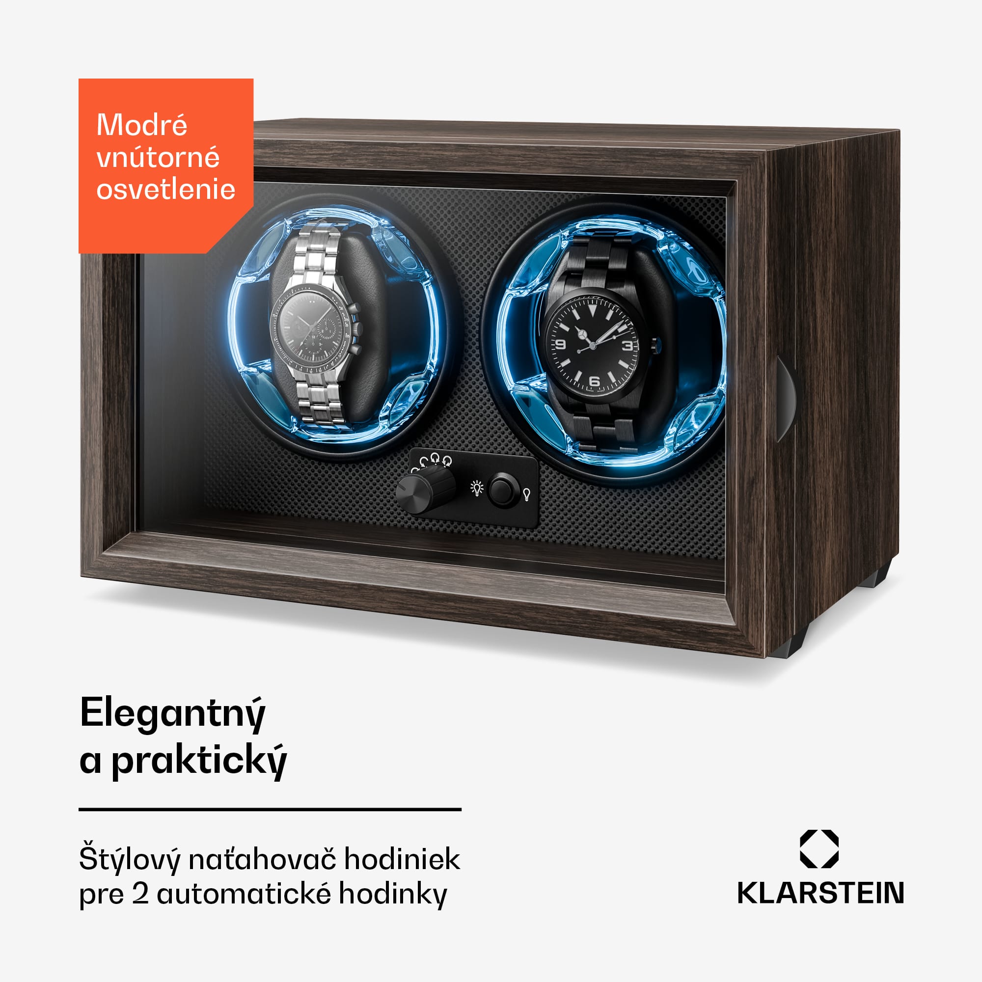 Klarstein Brienz 2, naťahovač hodiniek, 2 hodinky, 4 režimy, drevený vzhľad, modré vnútorné osvetlenie
