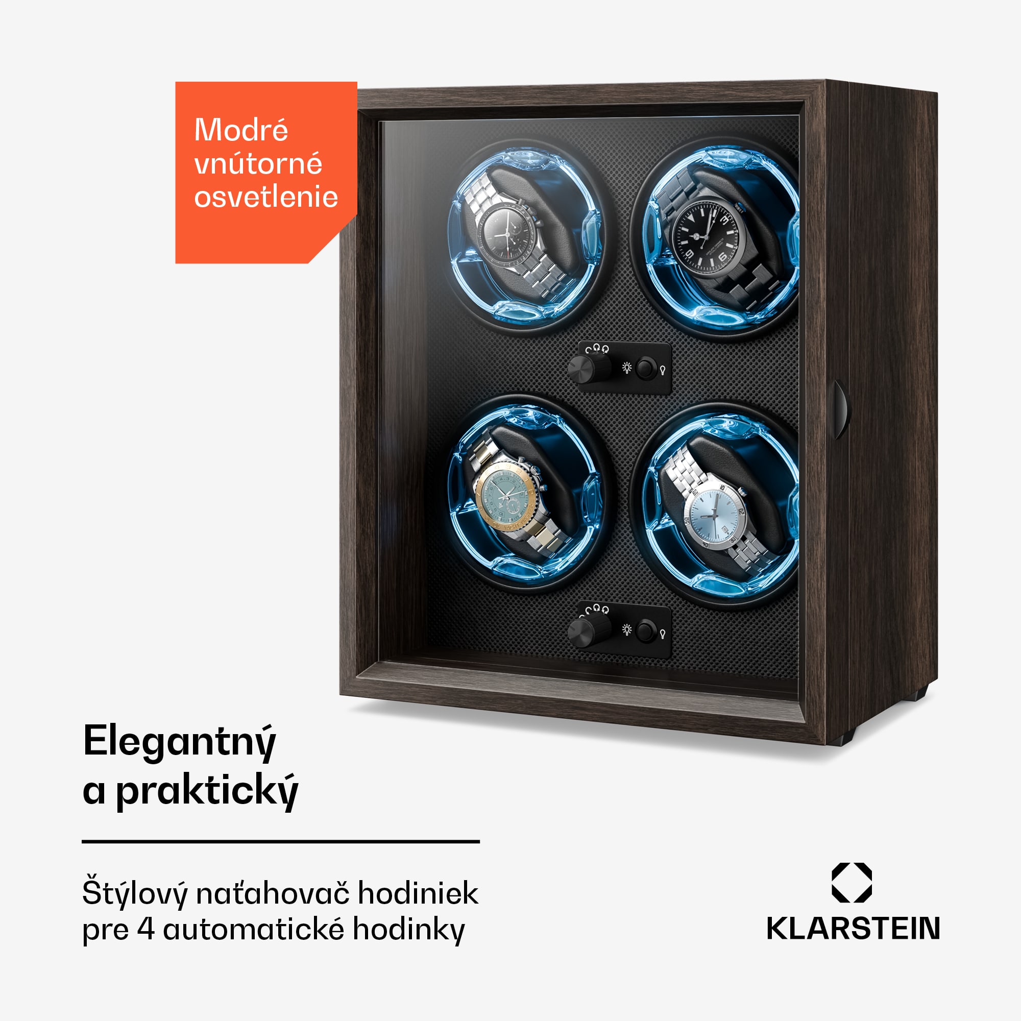 Klarstein Brienz 4, naťahovač hodiniek, 4 hodinky, 4 režimy, drevený vzhľad, modré vnútorné osvetlenie