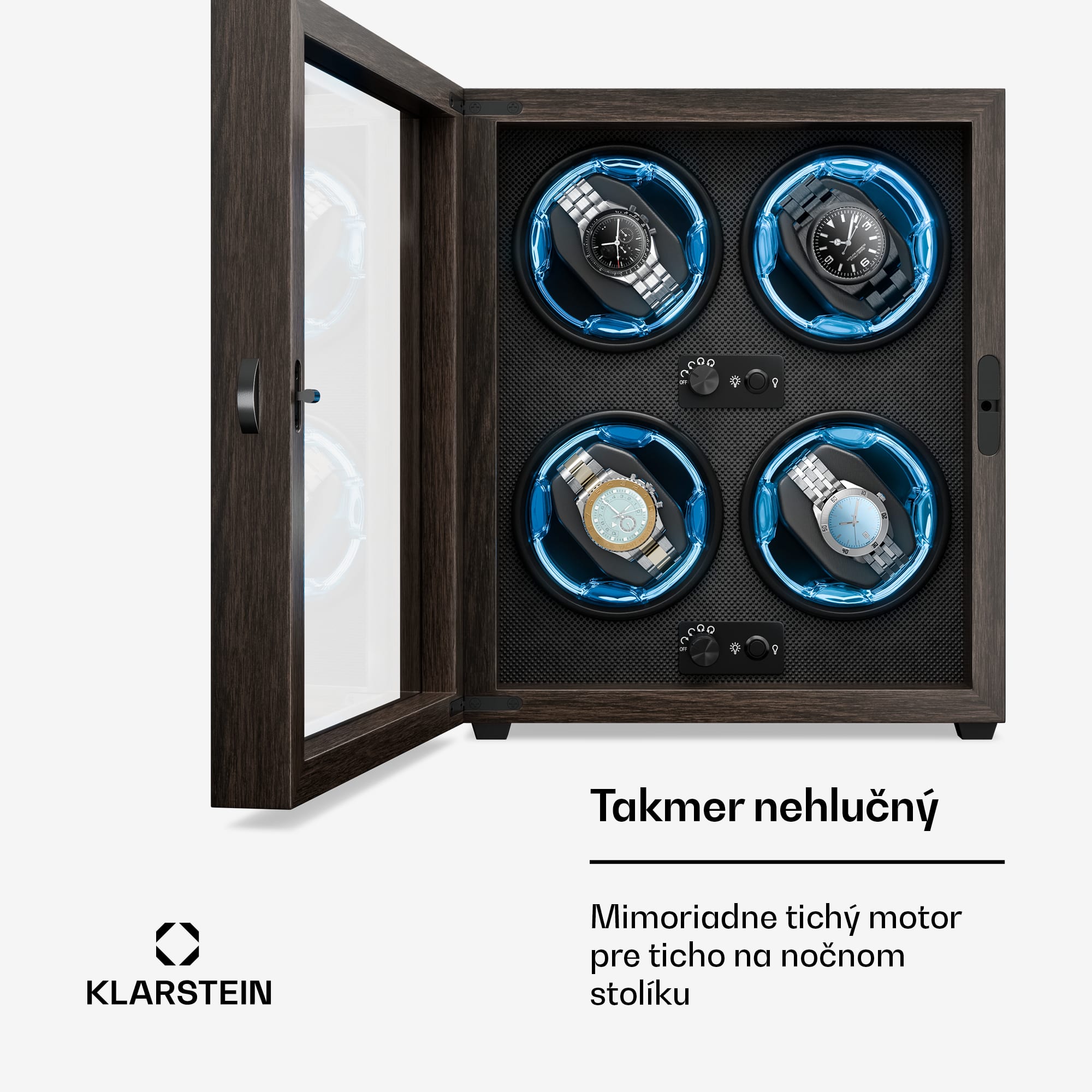 Klarstein Brienz 4, naťahovač hodiniek, 4 hodinky, 4 režimy, drevený vzhľad, modré vnútorné osvetlenie – Obrázok 3