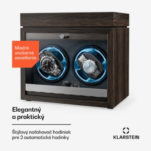 Klarstein Brienz 2 hodinové navíjače, 2 hodinky, 4 režimy, drevený vzhľad, modré vnútorné osvetlenie, šperkovnica