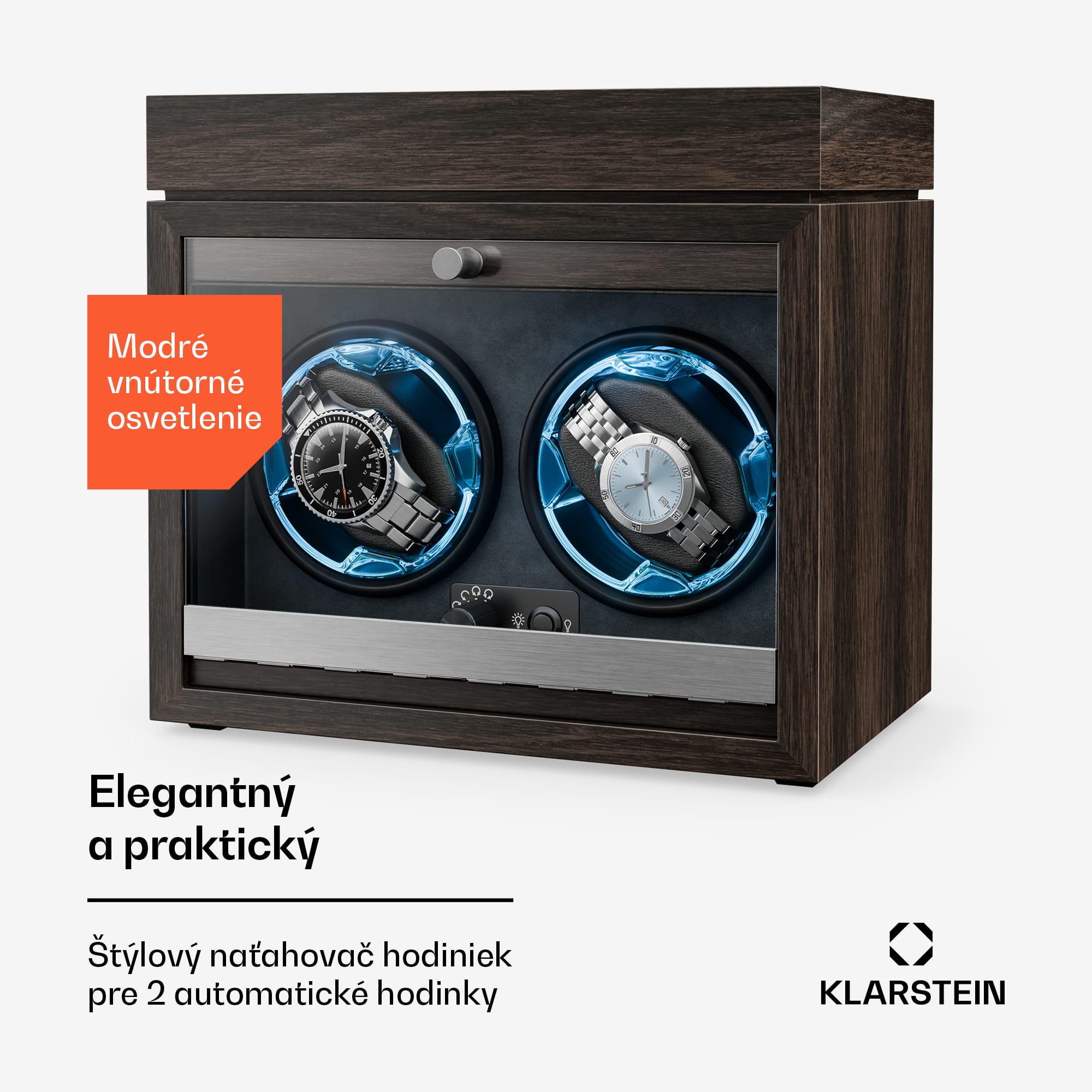 Klarstein Brienz 2 hodinové navíjače, 2 hodinky, 4 režimy, drevený vzhľad, modré vnútorné osvetlenie, šperkovnica
