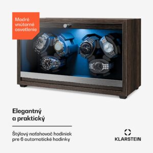 Klarstein Brienz 6, naťahovač hodiniek, 6 hodiniek, 4 režimy, drevený vzhľad, modré vnútorné osvetlenie