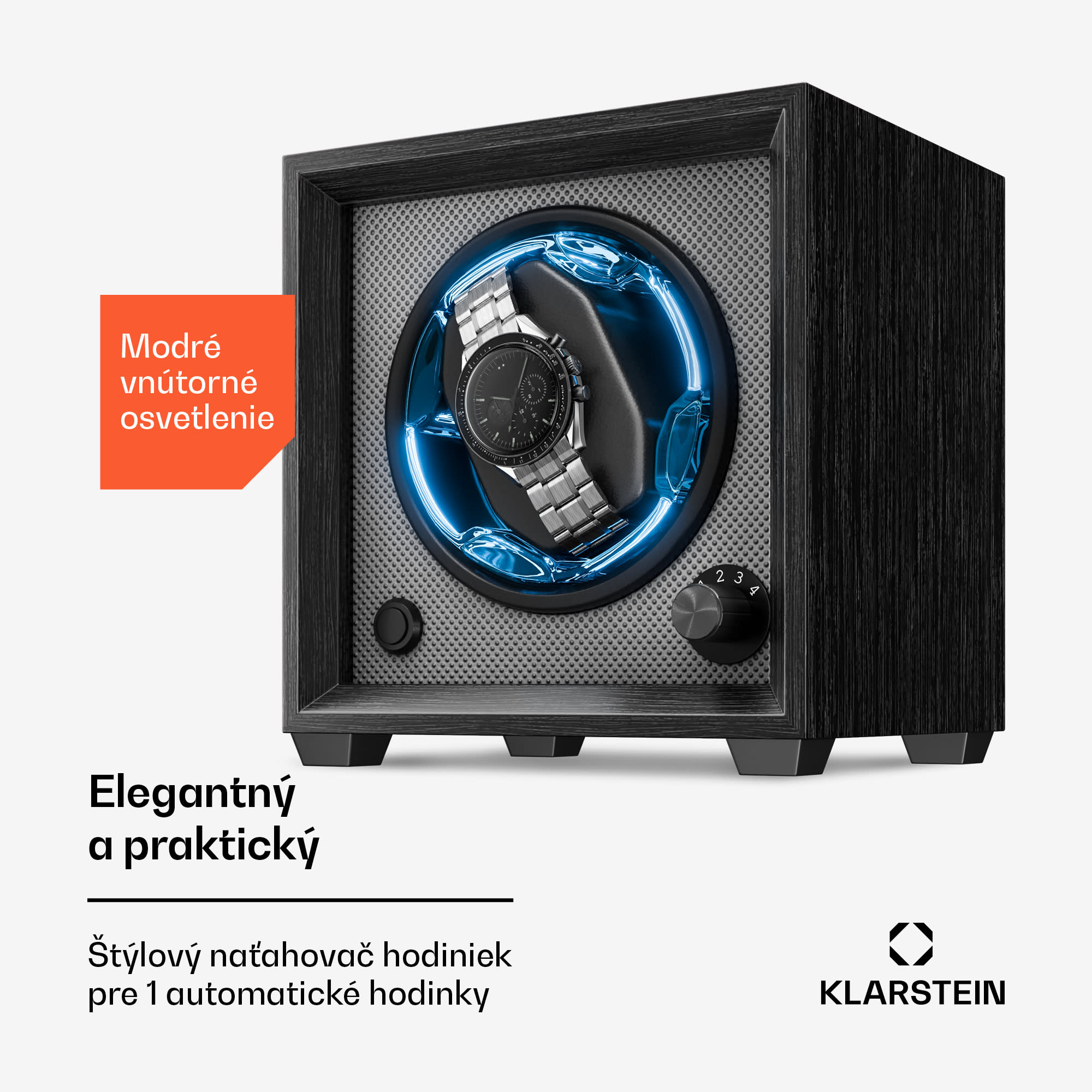 Klarstein Brienz 1, naťahovač hodiniek, 1 hodinky, 4 režimy, drevený vzhľad, modré vnútorné osvetlenie