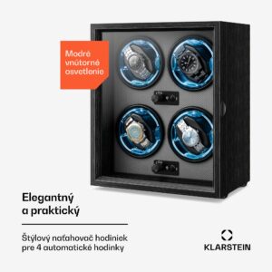 Klarstein Brienz 4, naťahovač hodiniek, 4 hodinky, 4 režimy, drevený vzhľad, modré vnútorné osvetlenie