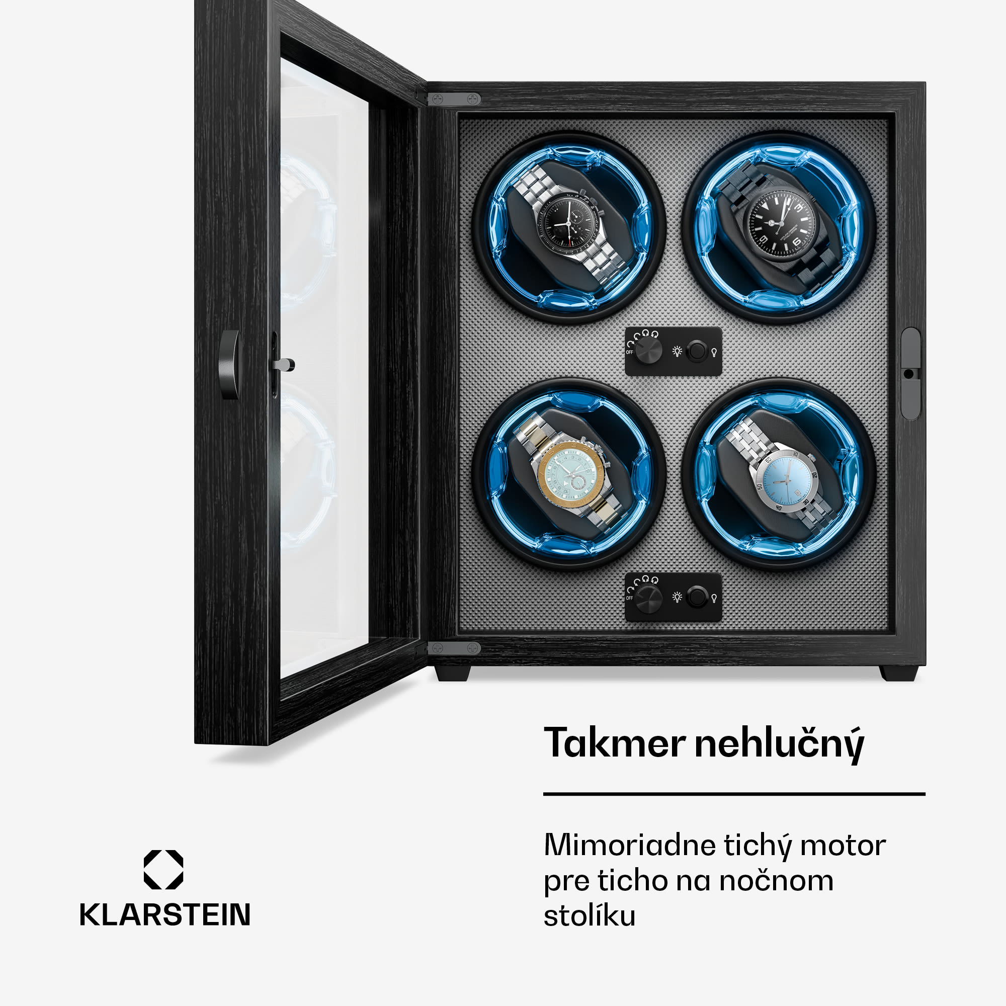 Klarstein Brienz 4, naťahovač hodiniek, 4 hodinky, 4 režimy, drevený vzhľad, modré vnútorné osvetlenie – Obrázok 3