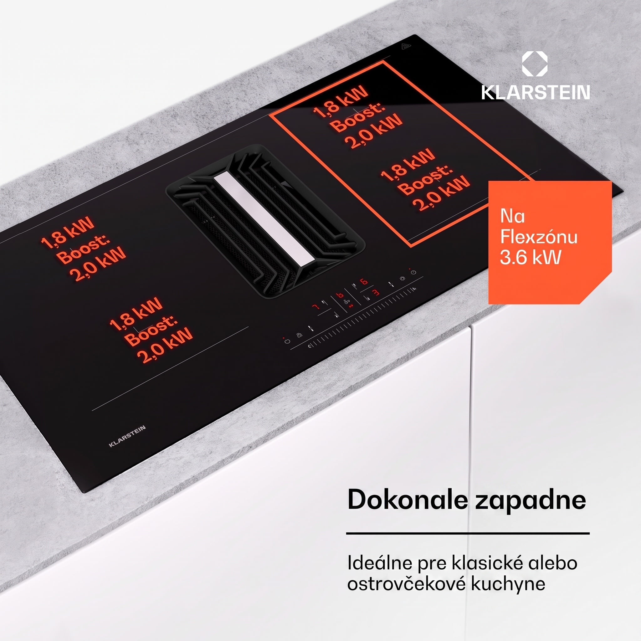 Klarstein AirJet 90, Down Air System, indukčný sporák + DownAir-digestor, 754 m³/h, A++