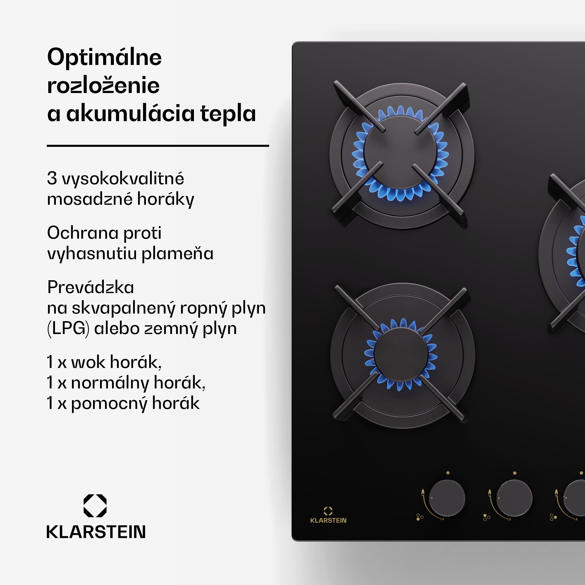 Klarstein Goldflame Domino, plynová varná doska, 3 mosadzné horáky, nehrdzavejúca oceľ – Obrázok 2