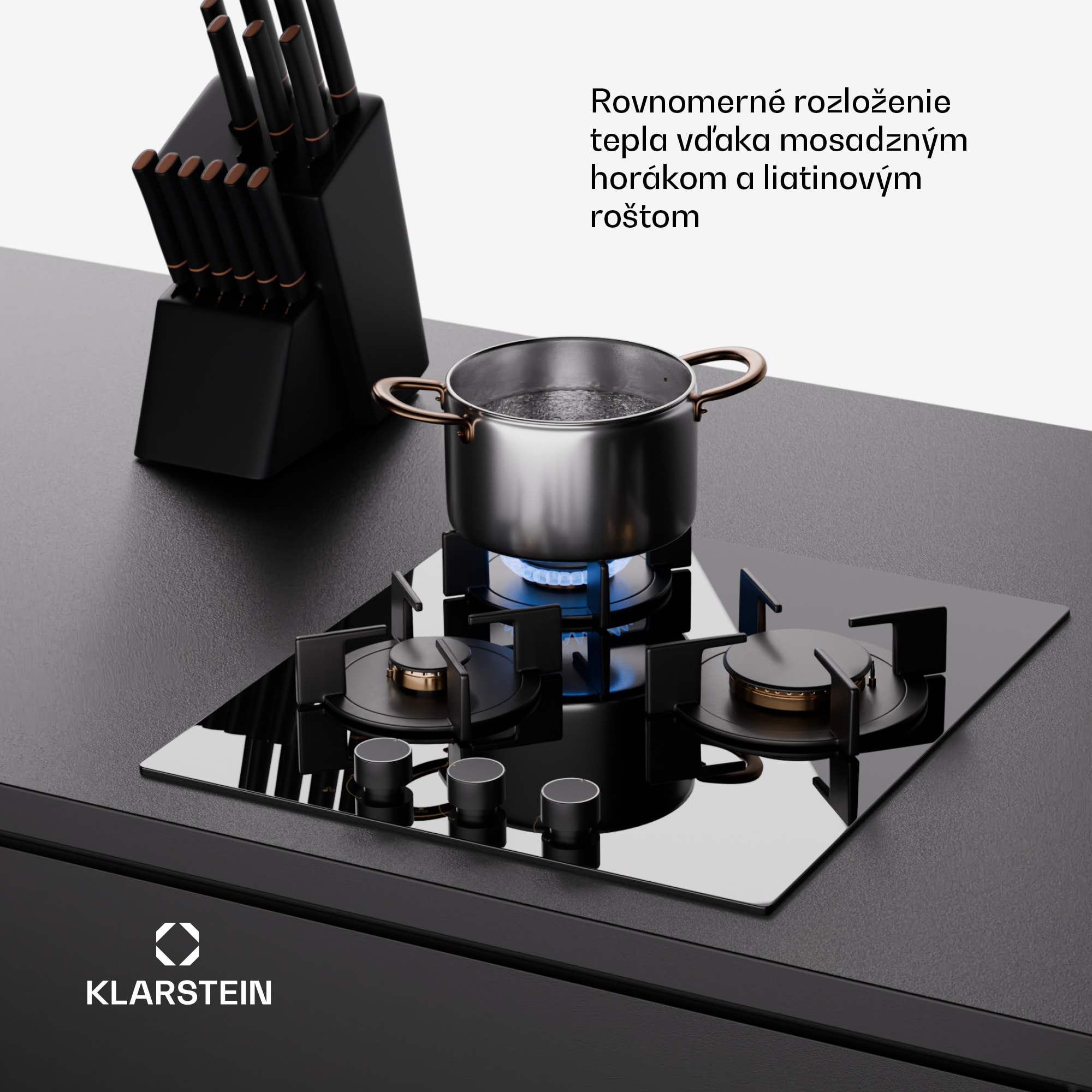 Klarstein Goldflame Domino, plynová varná doska, 3 mosadzné horáky, nehrdzavejúca oceľ – Obrázok 3