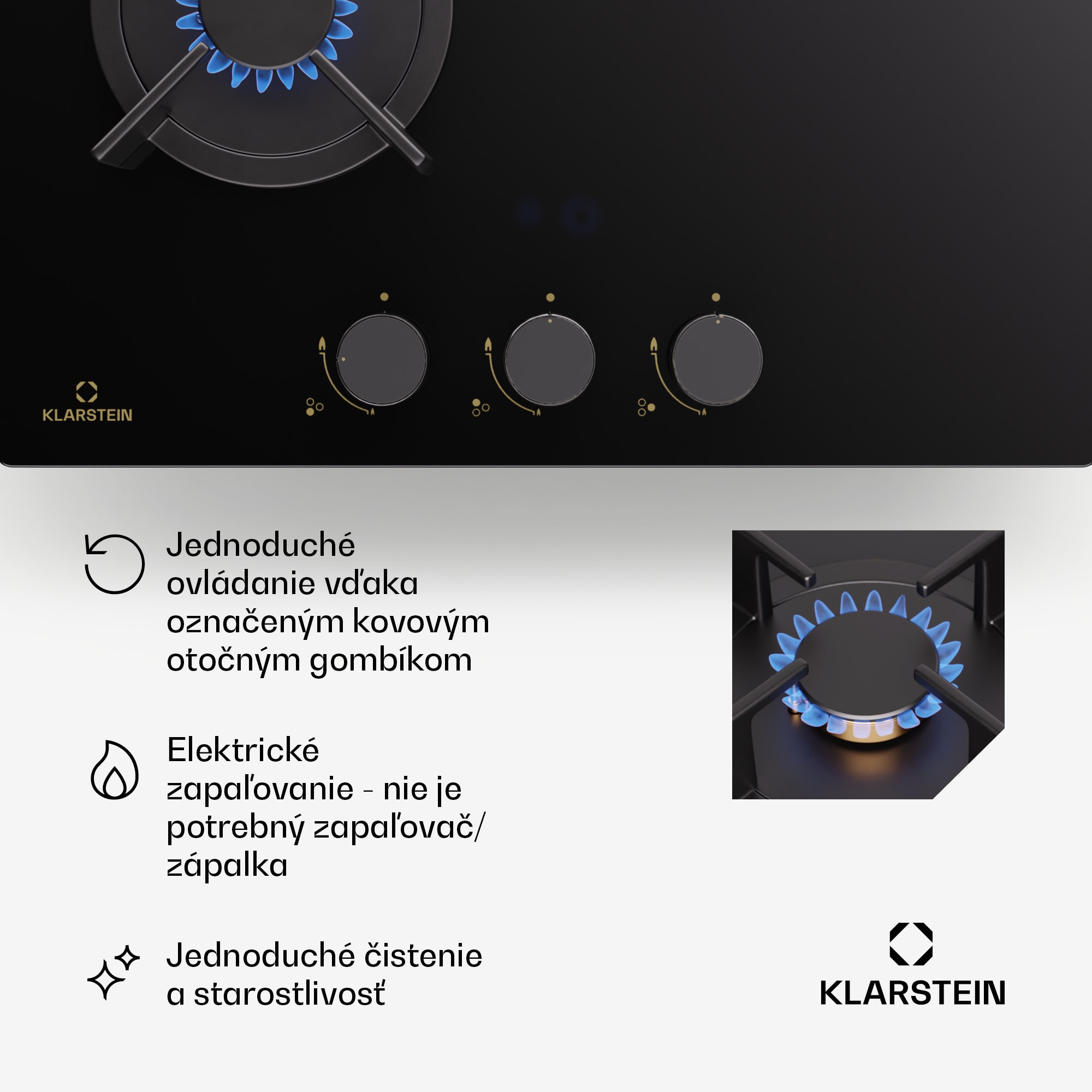 Klarstein Goldflame Domino, plynová varná doska, 3 mosadzné horáky, nehrdzavejúca oceľ – Obrázok 4