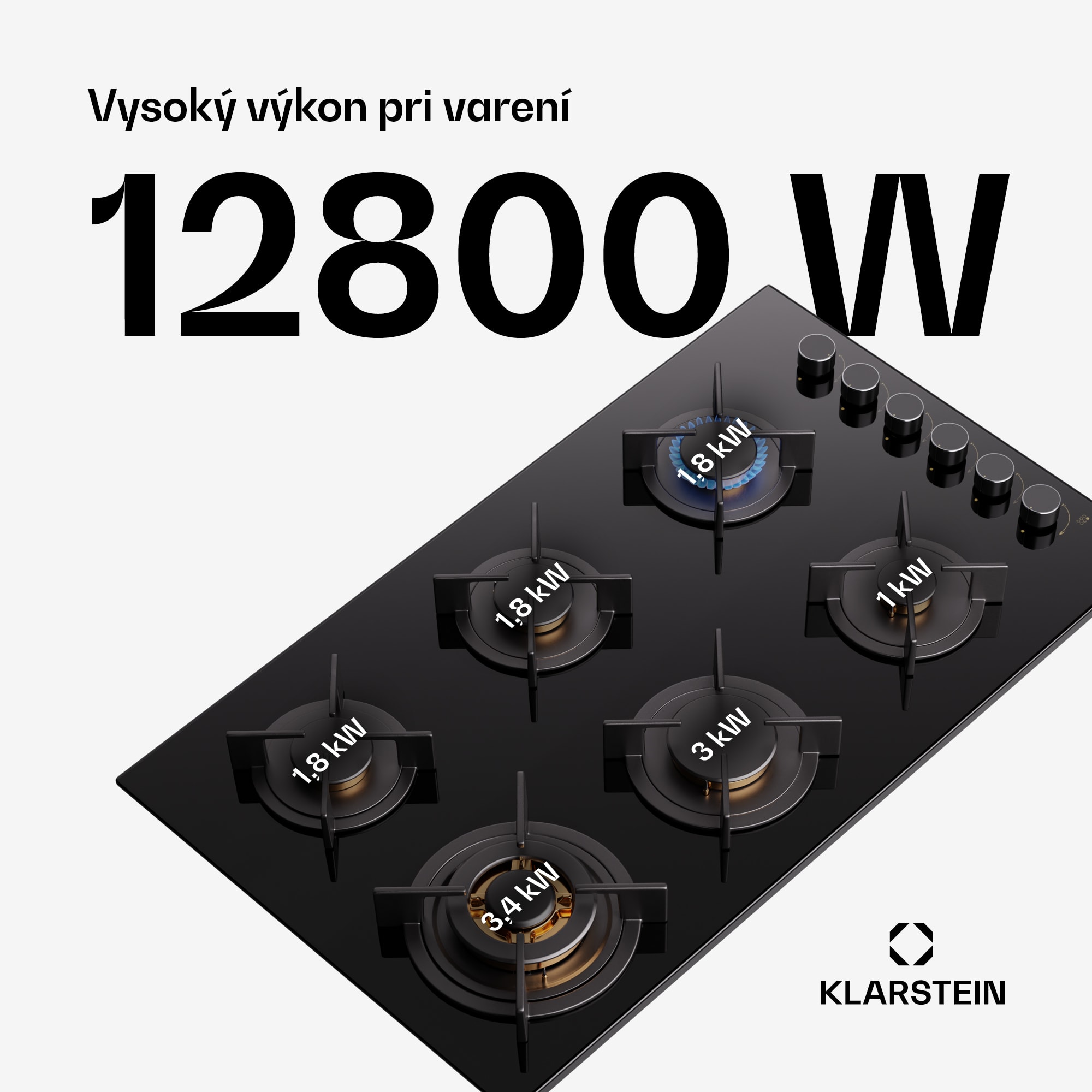 Klarstein Goldflame 6 samostatná plynová varná doska 6 horákov, bočné ovládanie, zemný/propán plyn, čierna sklokeramika