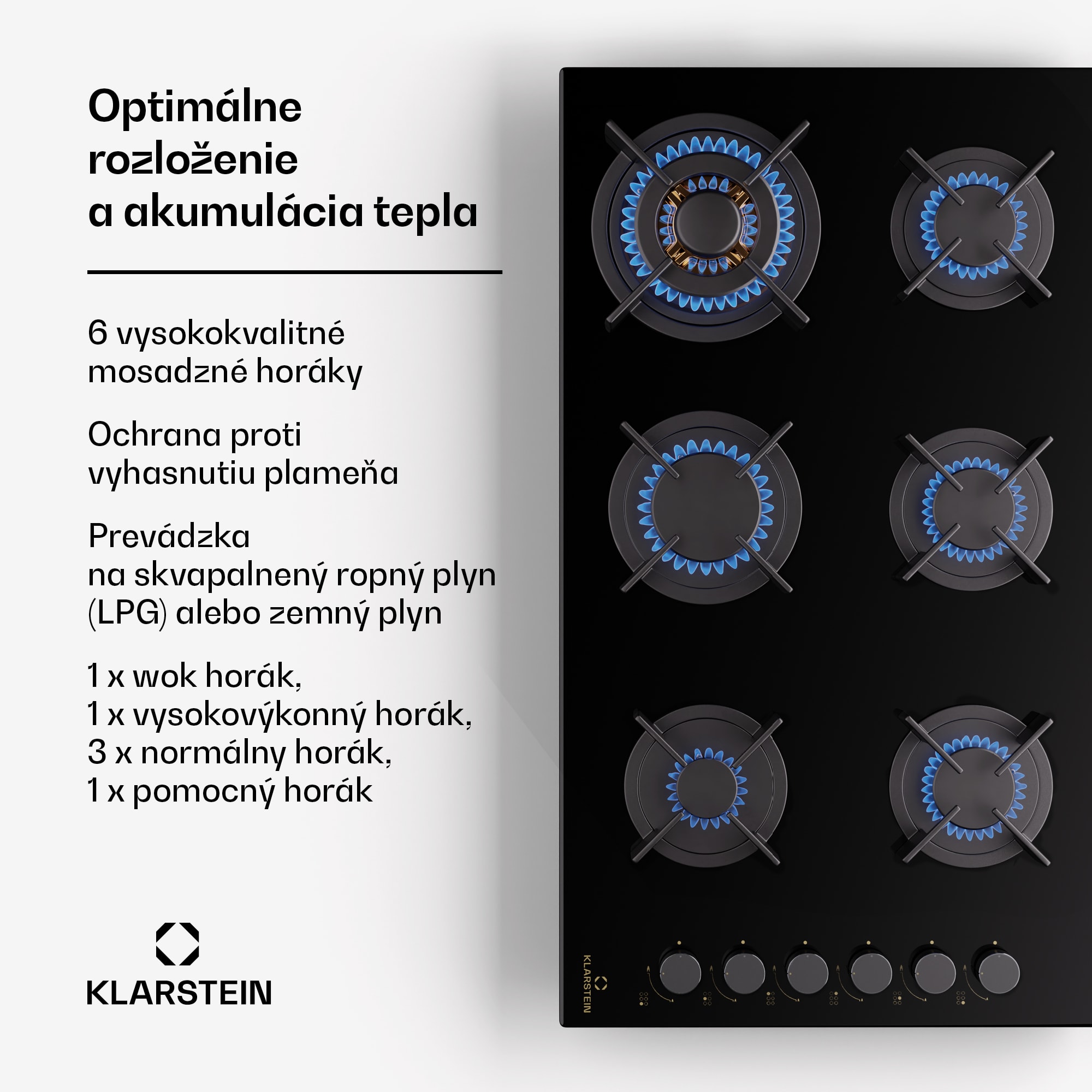 Klarstein Goldflame 6 samostatná plynová varná doska 6 horákov, bočné ovládanie, zemný/propán plyn, čierna sklokeramika – Obrázok 2