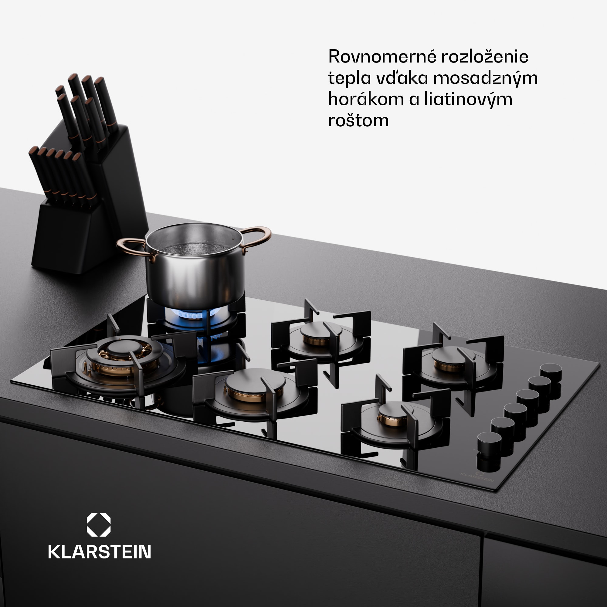 Klarstein Goldflame 6 samostatná plynová varná doska 6 horákov, bočné ovládanie, zemný/propán plyn, čierna sklokeramika – Obrázok 3