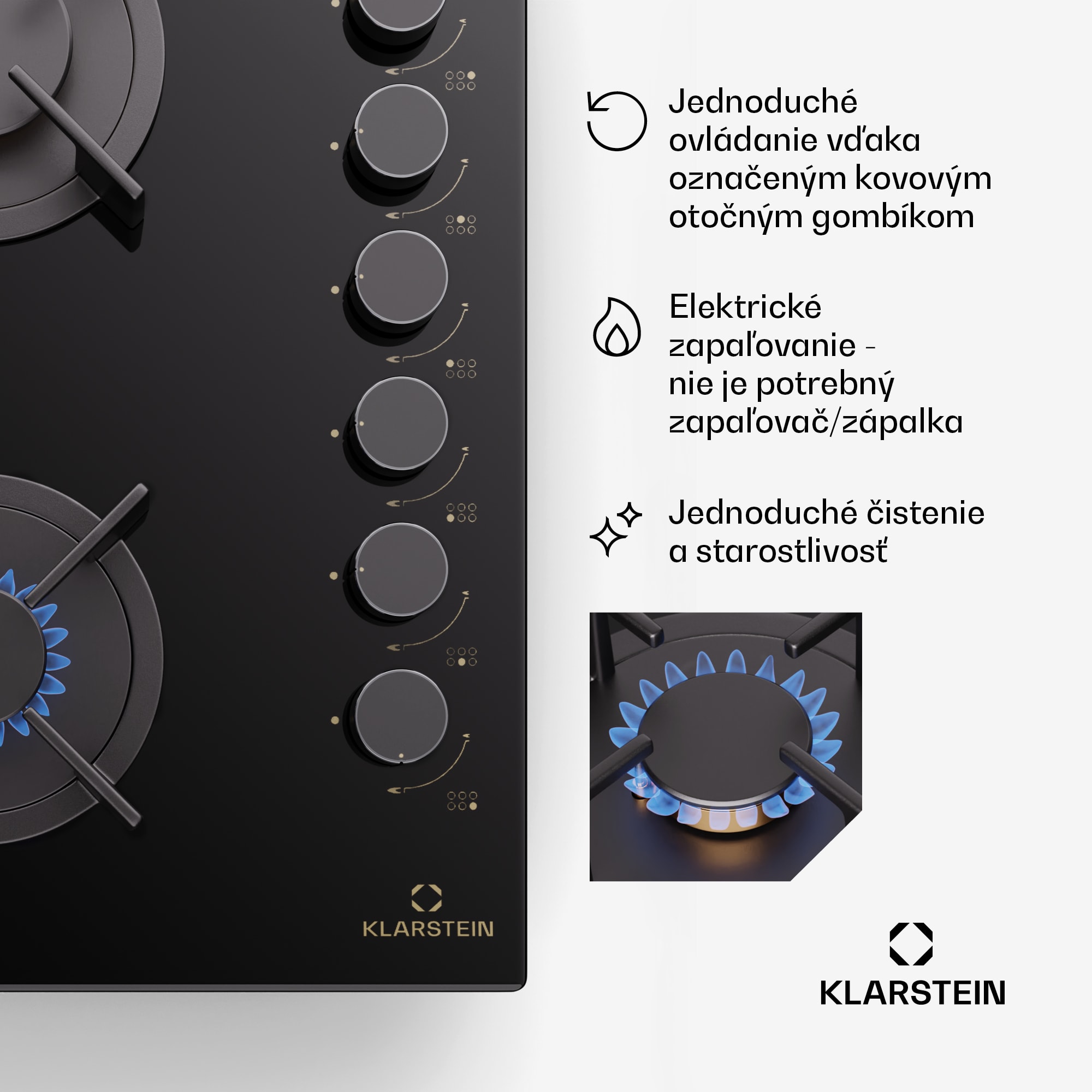 Klarstein Goldflame 6 samostatná plynová varná doska 6 horákov, bočné ovládanie, zemný/propán plyn, čierna sklokeramika – Obrázok 4