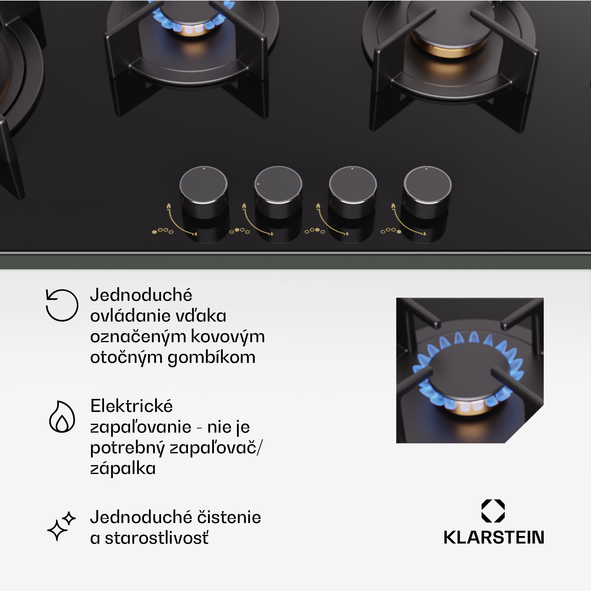 Klarstein Goldflame 4 Slim, plynová varná doska, 4 horáky, sebestačná, zemný plyn/propán, nehrdzavejúca oceľ – Obrázok 4