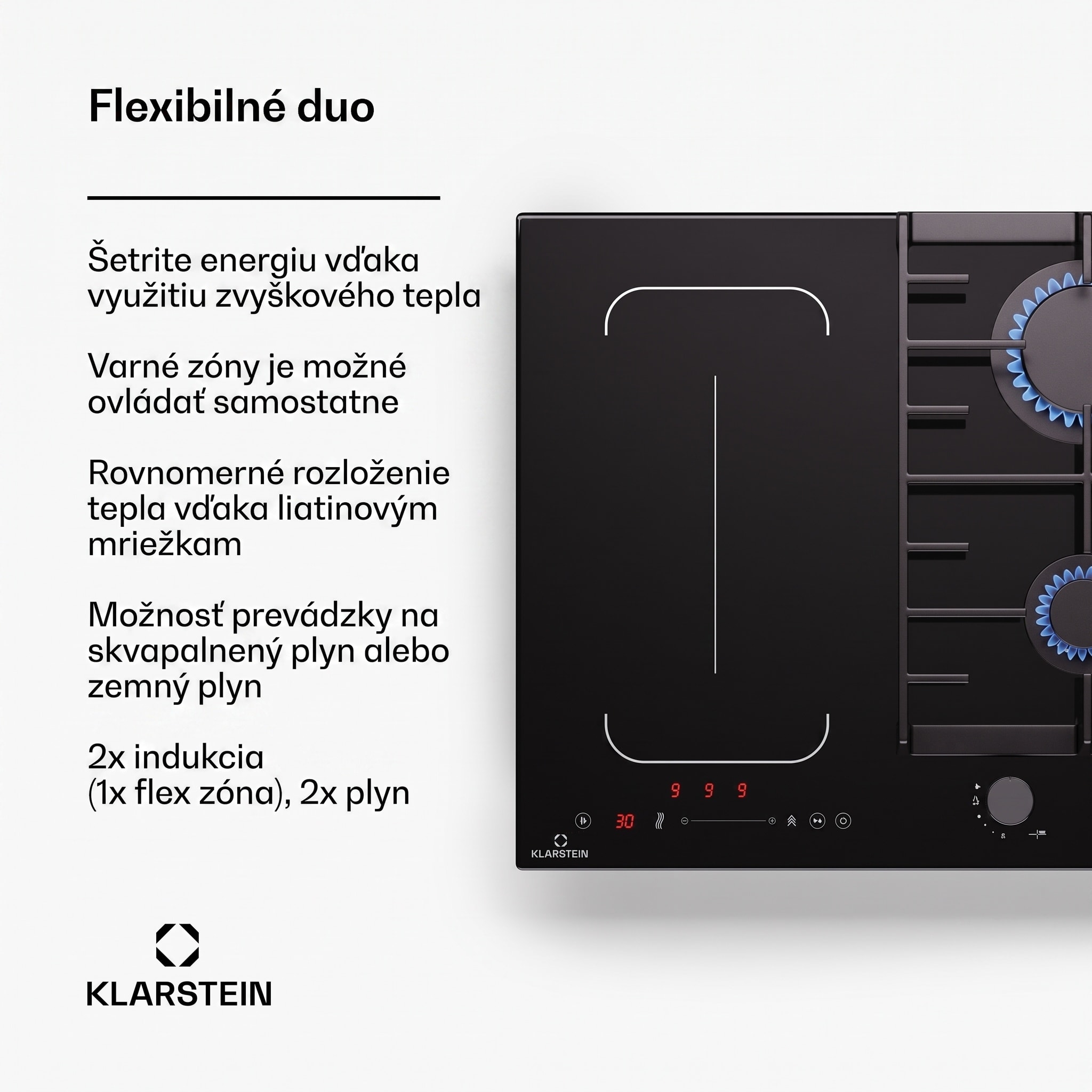 Klarstein MultiChef 4, indukčné a plynové varná doska, 4 varné zóny, 2 plynové horáky, 2 indukčné varné dosky, FlexZone