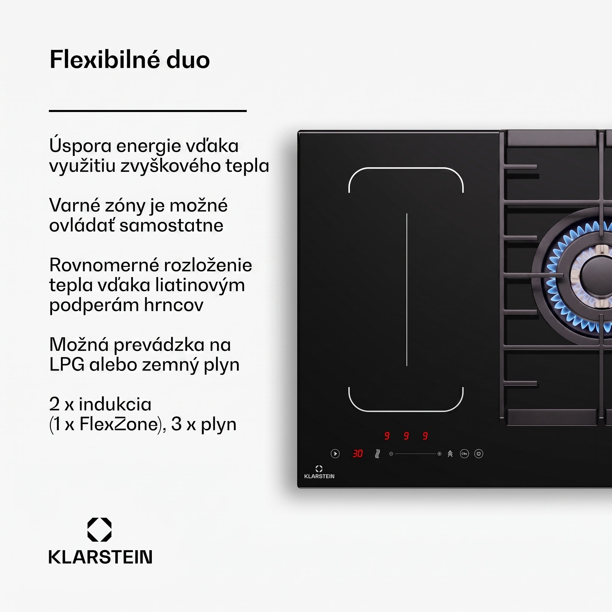 Klarstein MultiChef 5, indukčná a plynová varná doska, 5 varných zón, 3 plynové horáky, 2 indukčné varné dosky, FlexZone
