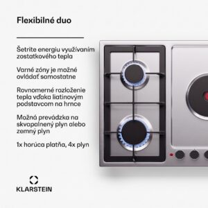 Klarstein MultiChef 5 Hot Plate, elektrická a plynová varná doska, 5 varných zón, 4 horáky, 1 elektrická platňa