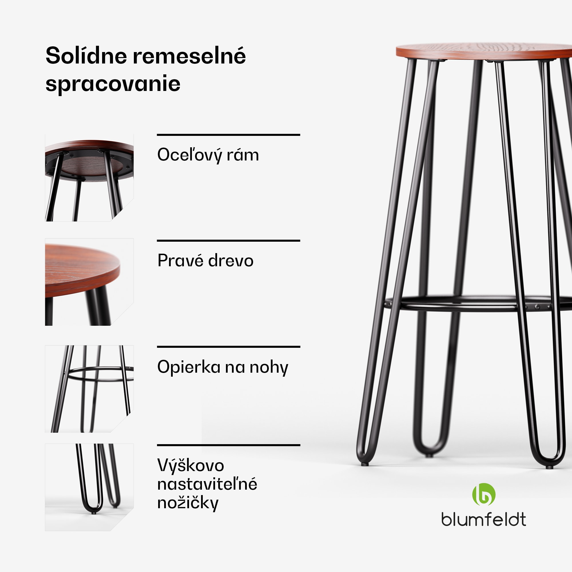 Blumfeldt Bistro stolička Hamilton 1 ks. Drevený oceľový rám Ø 33 cm – Obrázok 3