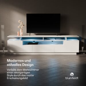 blumfeldt Perth Lowboard , TV skrinka, LED, 3 police, biela, 195 x 33 x 50 cm
