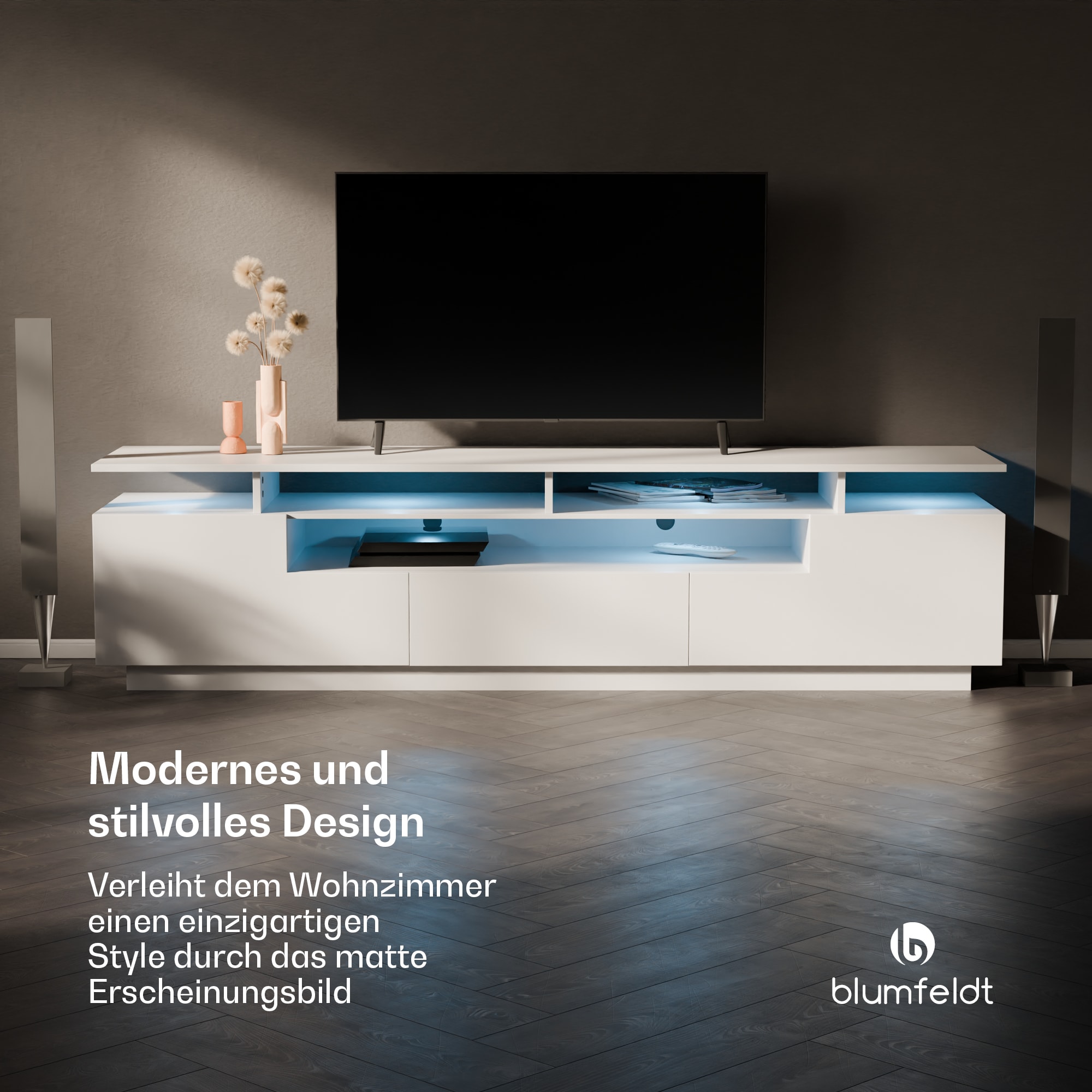 blumfeldt Perth Lowboard , TV skrinka, LED, 3 police, biela, 195 x 33 x 50 cm