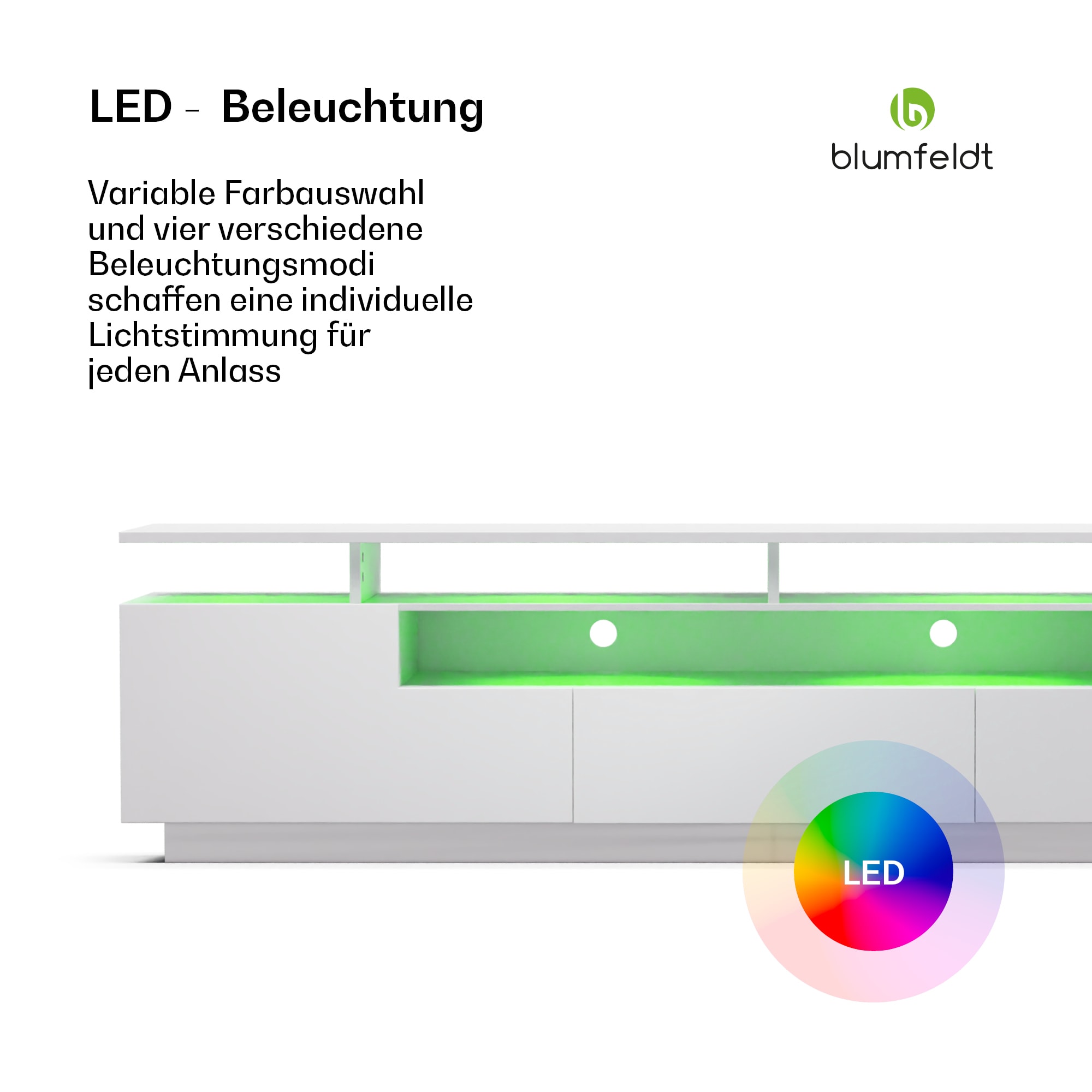 blumfeldt Perth Lowboard , TV skrinka, LED, 3 police, biela, 195 x 33 x 50 cm – Obrázok 2