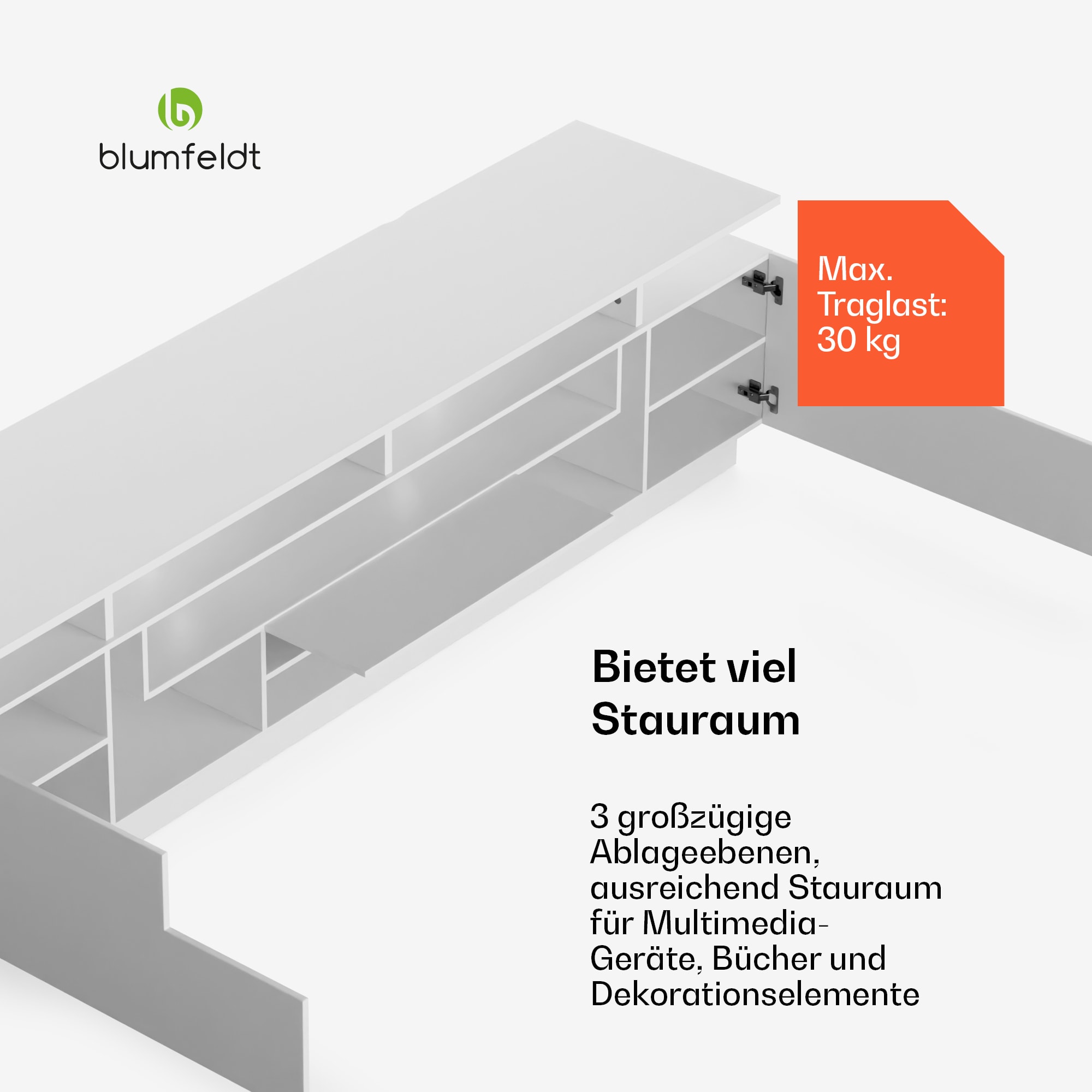 blumfeldt Perth Lowboard , TV skrinka, LED, 3 police, biela, 195 x 33 x 50 cm – Obrázok 3