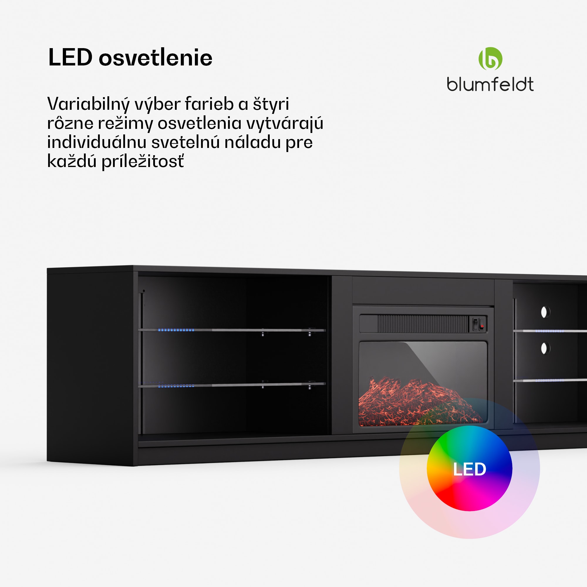 Blumfeldt Perth Medium Lowboard TV skrinka s elektrickým krbom, 160 x 40 x 30 cm, LED – Obrázok 2