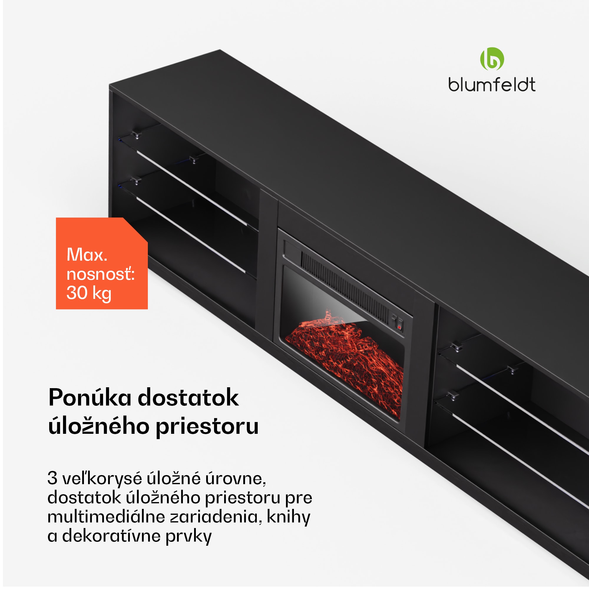 Blumfeldt Perth Medium Lowboard TV skrinka s elektrickým krbom, 160 x 40 x 30 cm, LED – Obrázok 3
