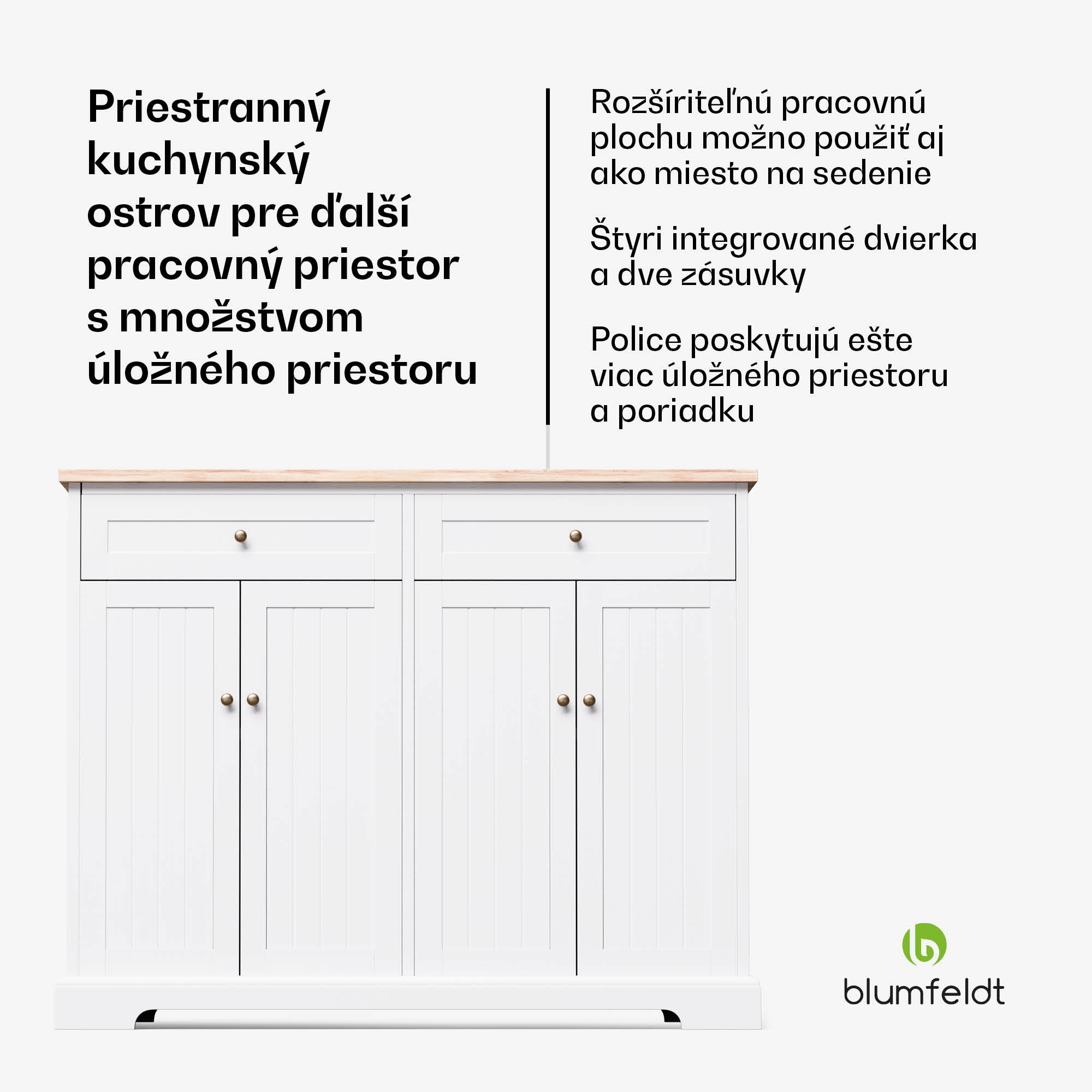 Blumfeldt Etsu, kuchynský ostrov, rozťahovacia pracovná doska, 2 zásuvky, 4 dvierka, možno použiť ako jedálenský stôl, úložný priestor, ľahko sa čistí