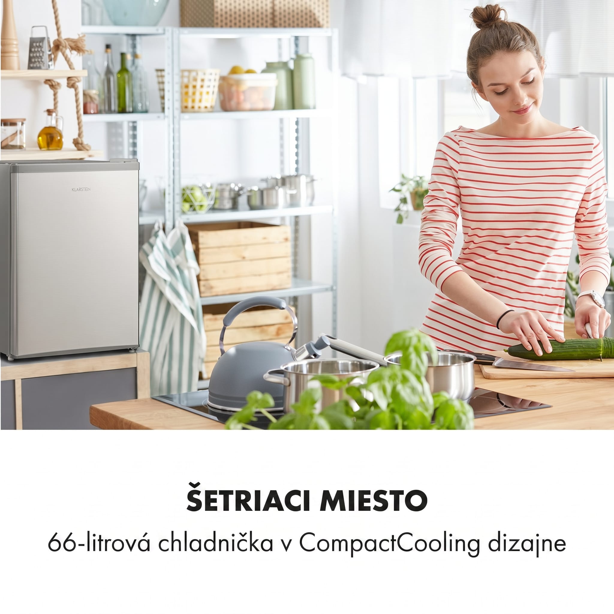 Klarstein Cool Kid, mini chladnička, 66 l, mraziaci priečinok 4 l, 41 dB, energet. trieda F, brúsená nehrdzavejúca oceľ