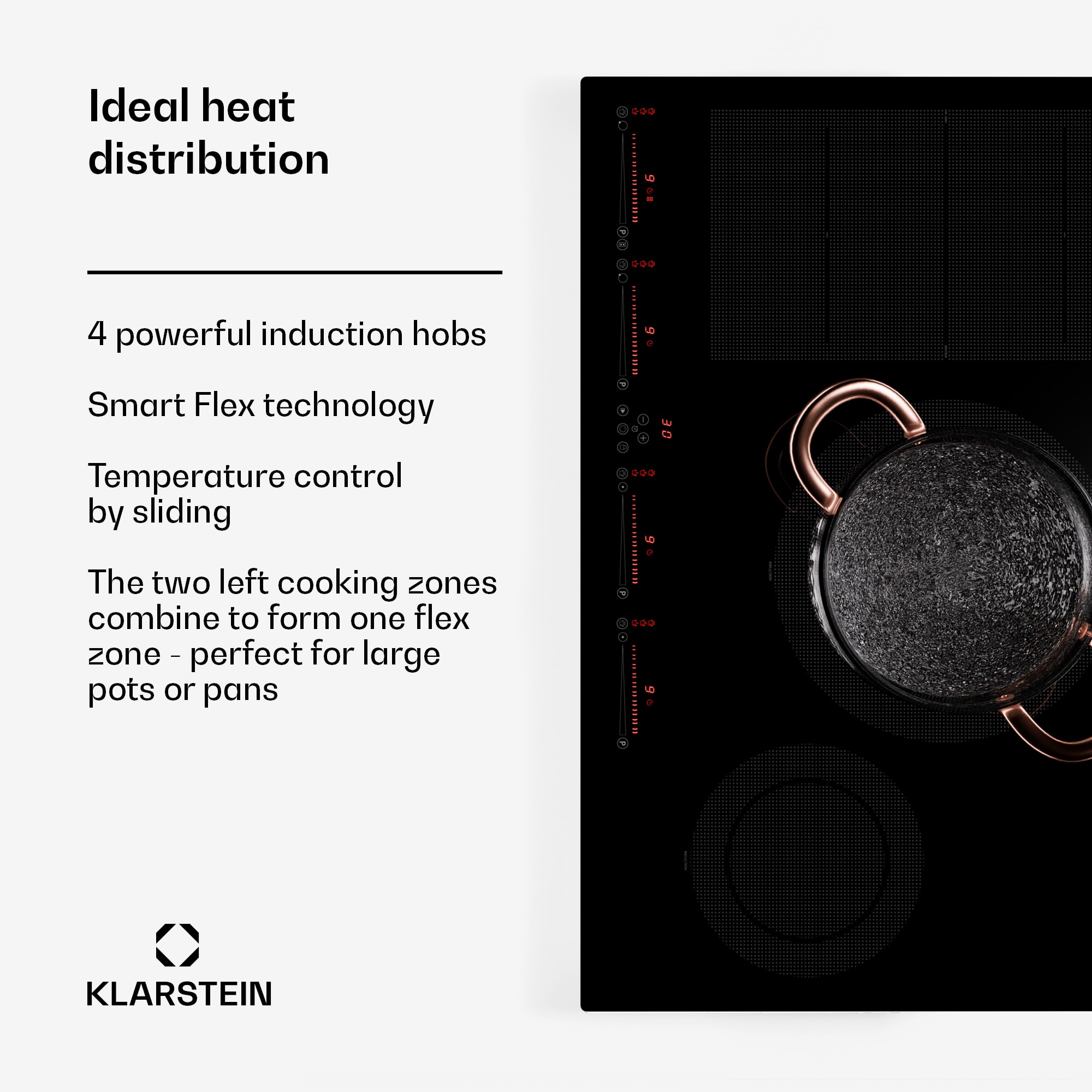 Klarstein Masterzone 77 Hybrid, indukčná varná doska, max. 7200 W, vstavaná, 4 Flex zóny, technológia ThermoBoost, Smart Flex