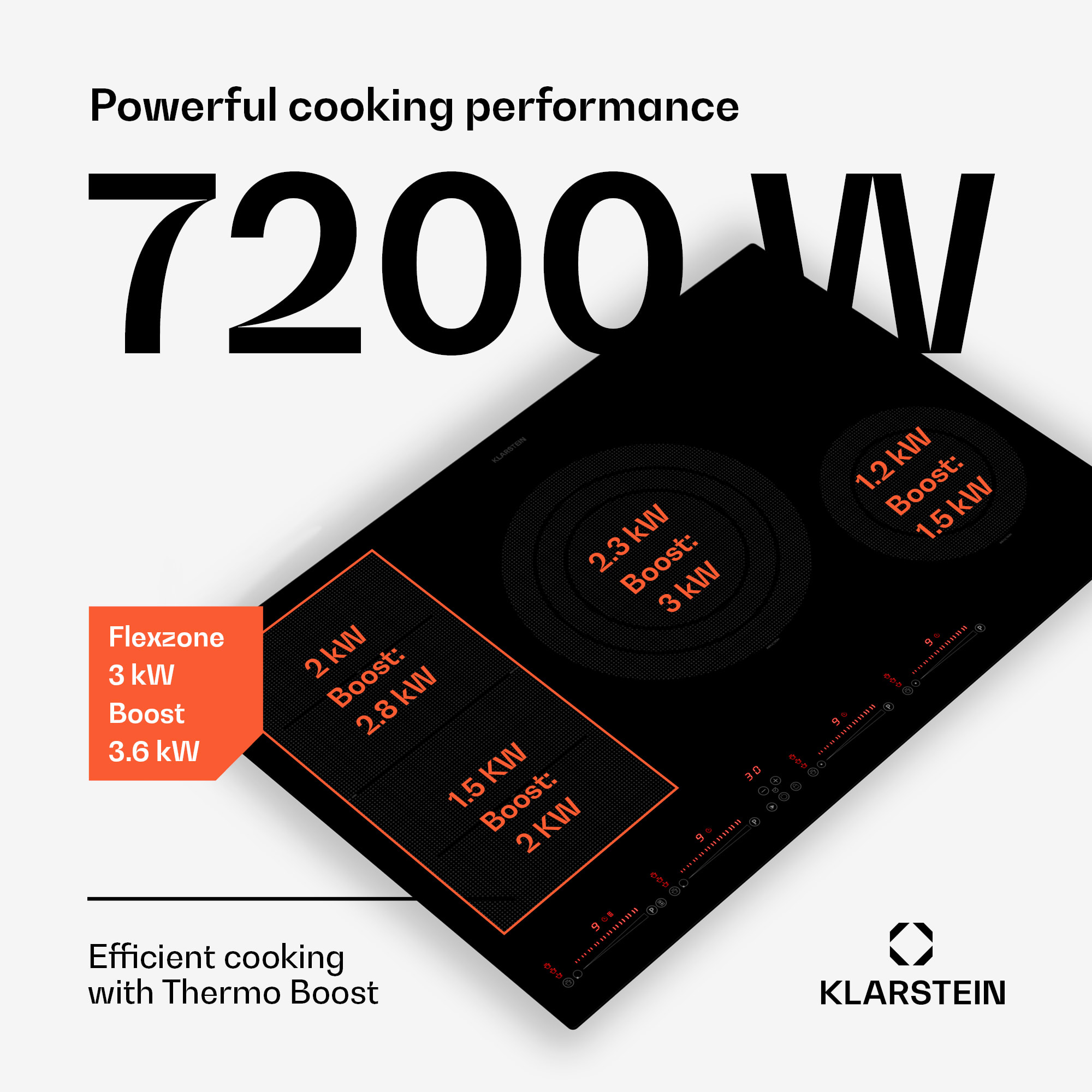 Klarstein Masterzone 77 Hybrid, indukčná varná doska, max. 7200 W, vstavaná, 4 Flex zóny, technológia ThermoBoost, Smart Flex – Obrázok 2