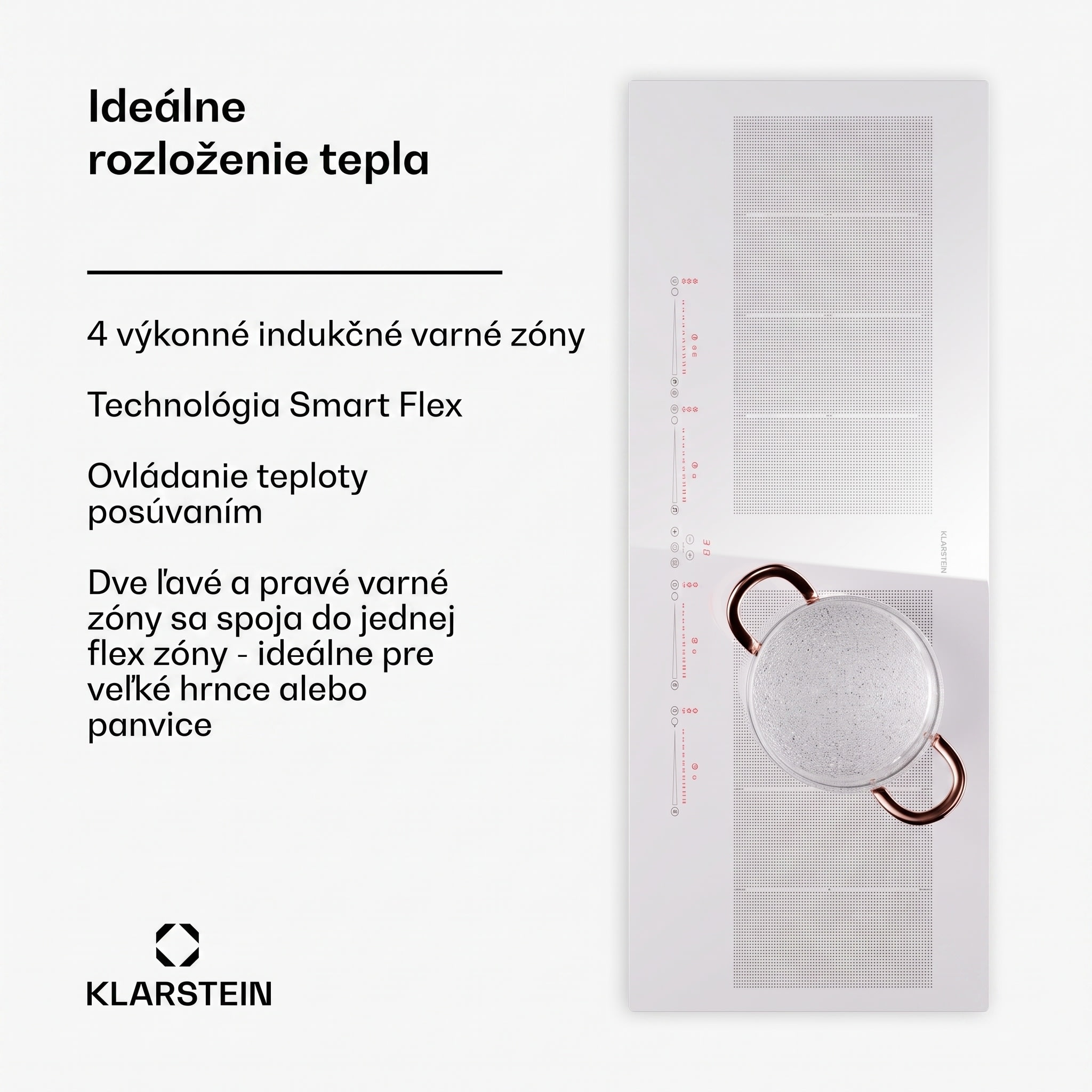 Klarstein Masterzone 90 Slim Flex, indukčná varná doska, max. 7200 W, vstavaná, 4 zóny, 2 Flex zóny, technológia ThermoBoost, Smart Flex