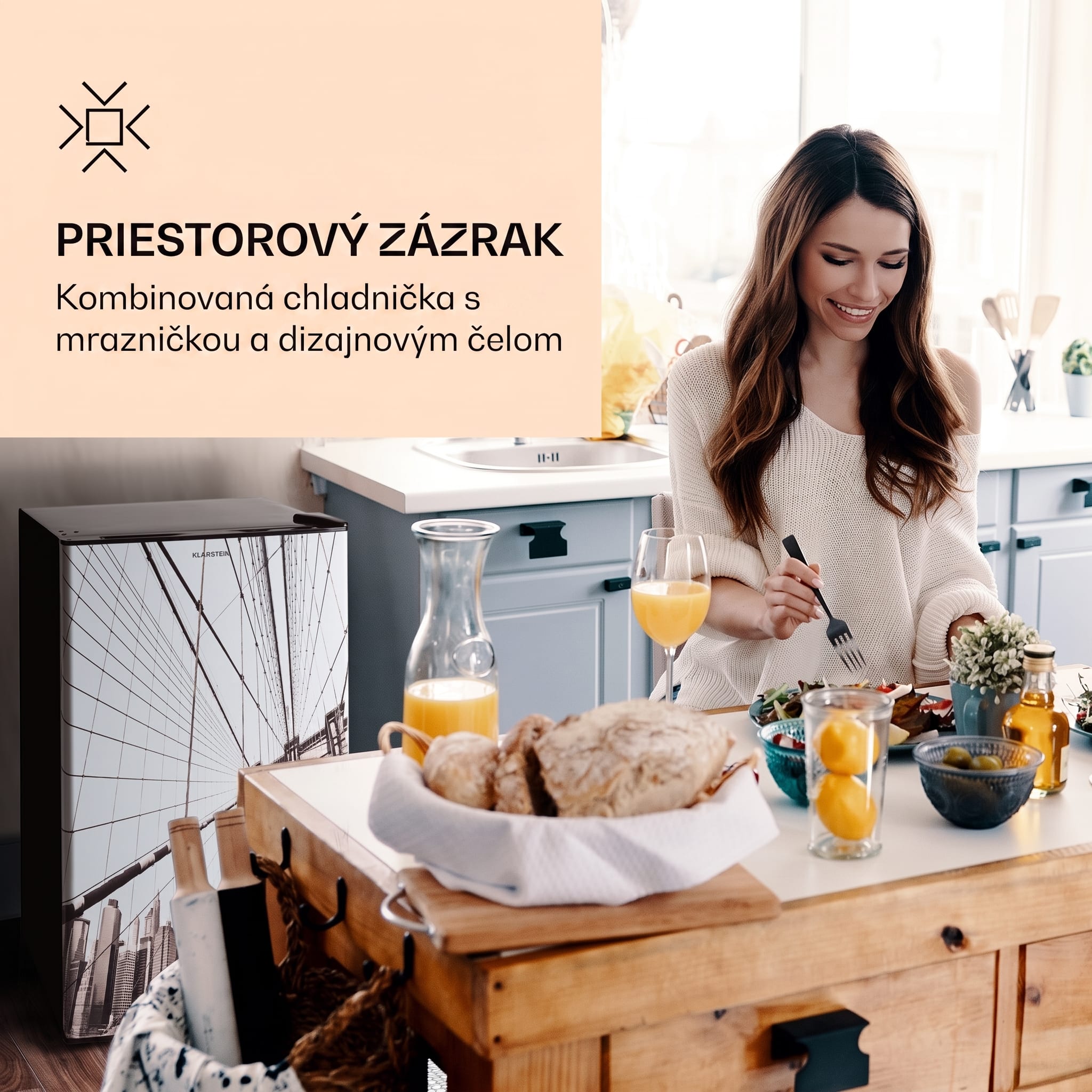 Klarstein CoolArt 79L, kombinovaná chladnička s mrazničkou, EEK E, mraziaci priestor 9 l, dizajnové dvere