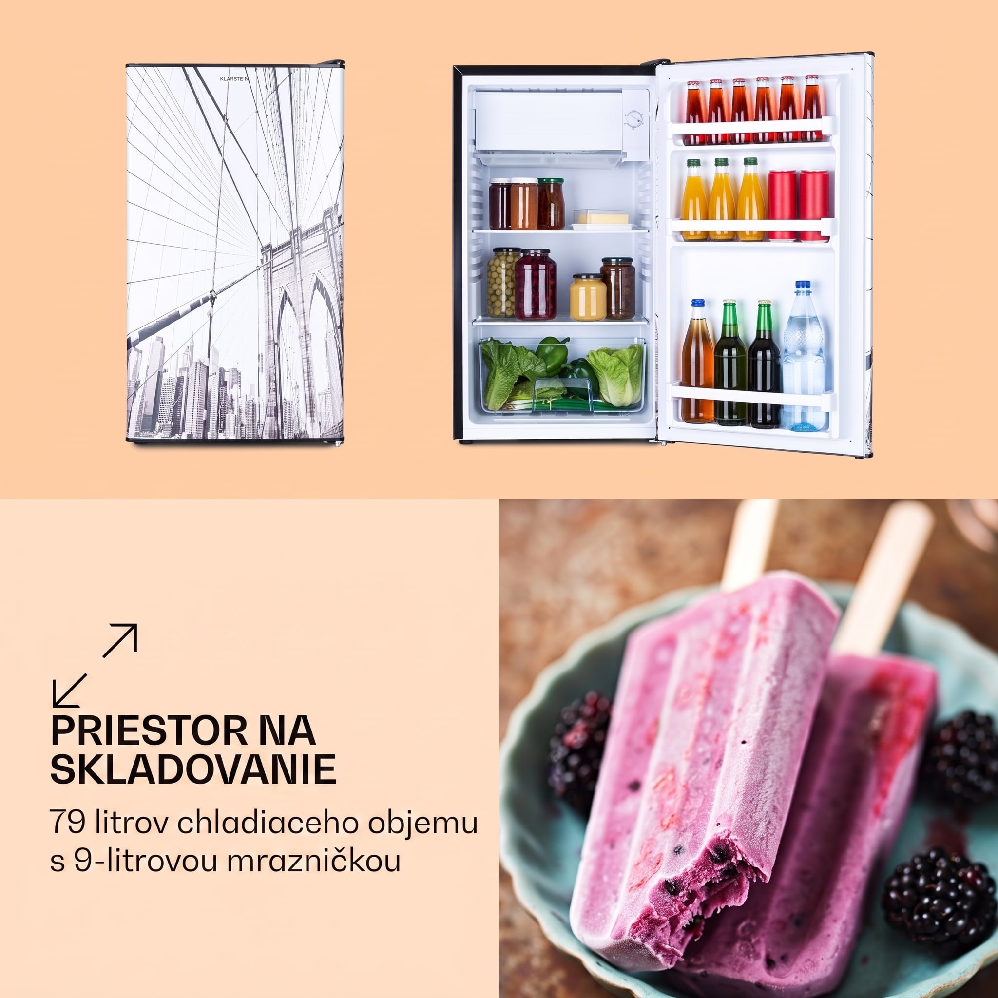 Klarstein CoolArt 79L, kombinovaná chladnička s mrazničkou, EEK E, mraziaci priestor 9 l, dizajnové dvere – Obrázok 2